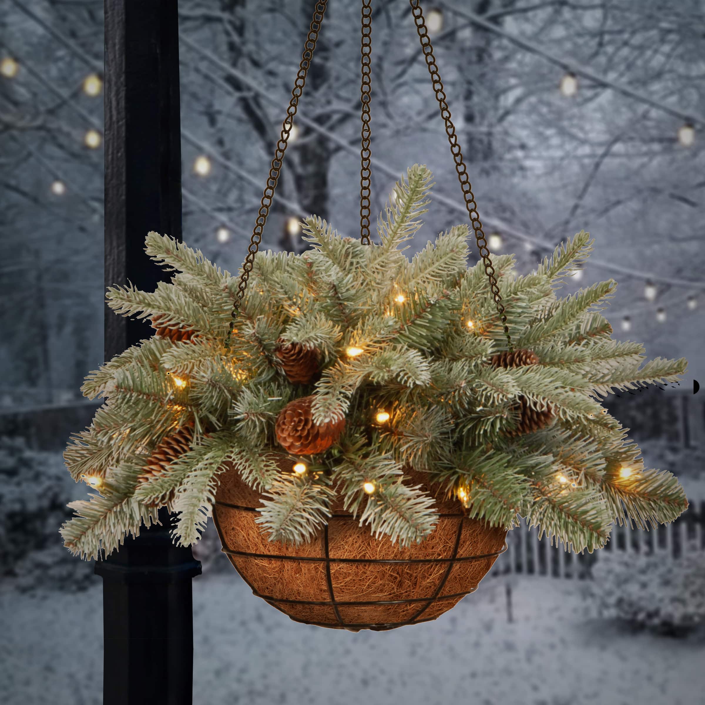 20" Feel Real® Frosted Artic Artificial Christmas Spruce Hanging Basket with Cones and 35 Warm White Battery Operated LED Lights with Timer