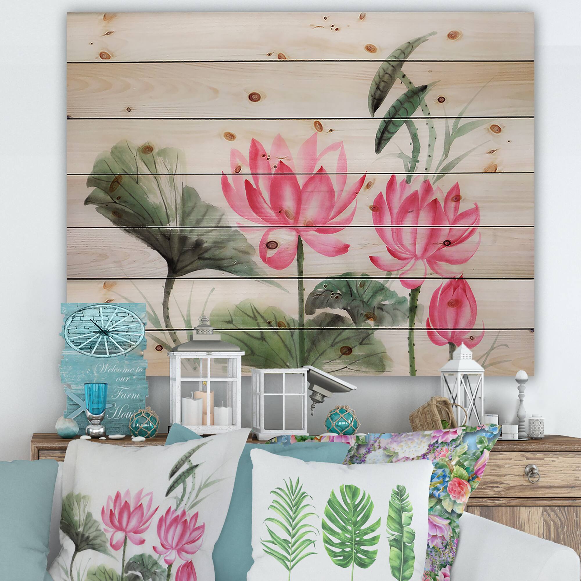Designart - Vintage Pink Lotuses In The Pond I - Traditional Print on Natural Pine Wood