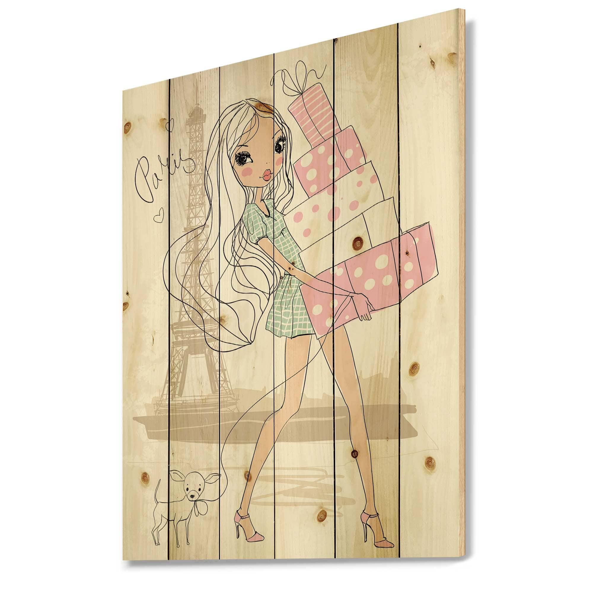 Designart - Young Girl With Shopping Boxes In Paris - Shabby Chic Print on Natural Pine Wood