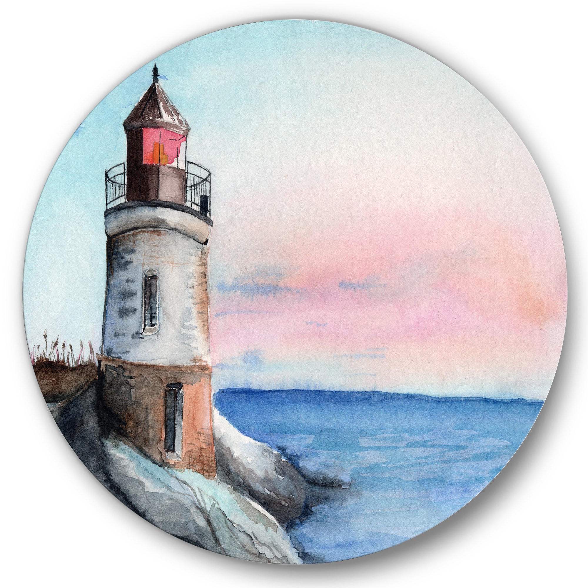 Designart - A Lighthouse On A Rock Shore In Early Morning - Nautical & Coastal Metal Circle Wall Art