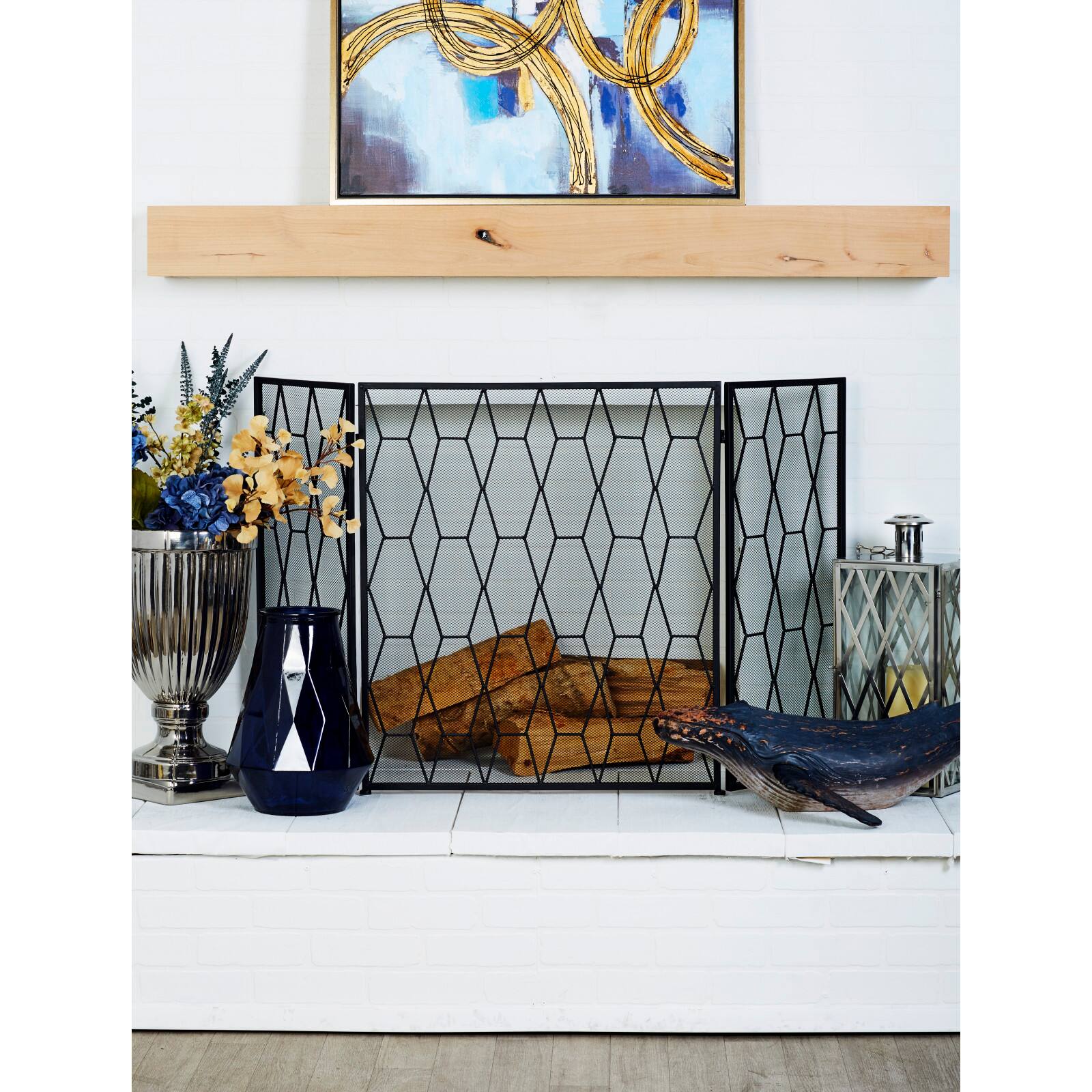 Black Metal Contemporary Fireplace Screen, 31&#x22; x 51&#x22; x 1&#x22;