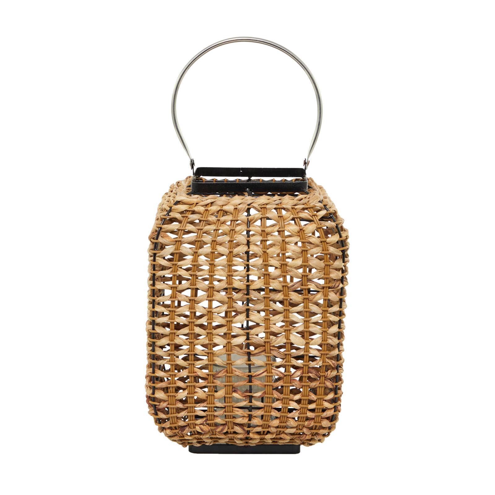 The Novogratz 16" Brown Dried Plant Handmade Candle Lantern with Glass Holder and Handle