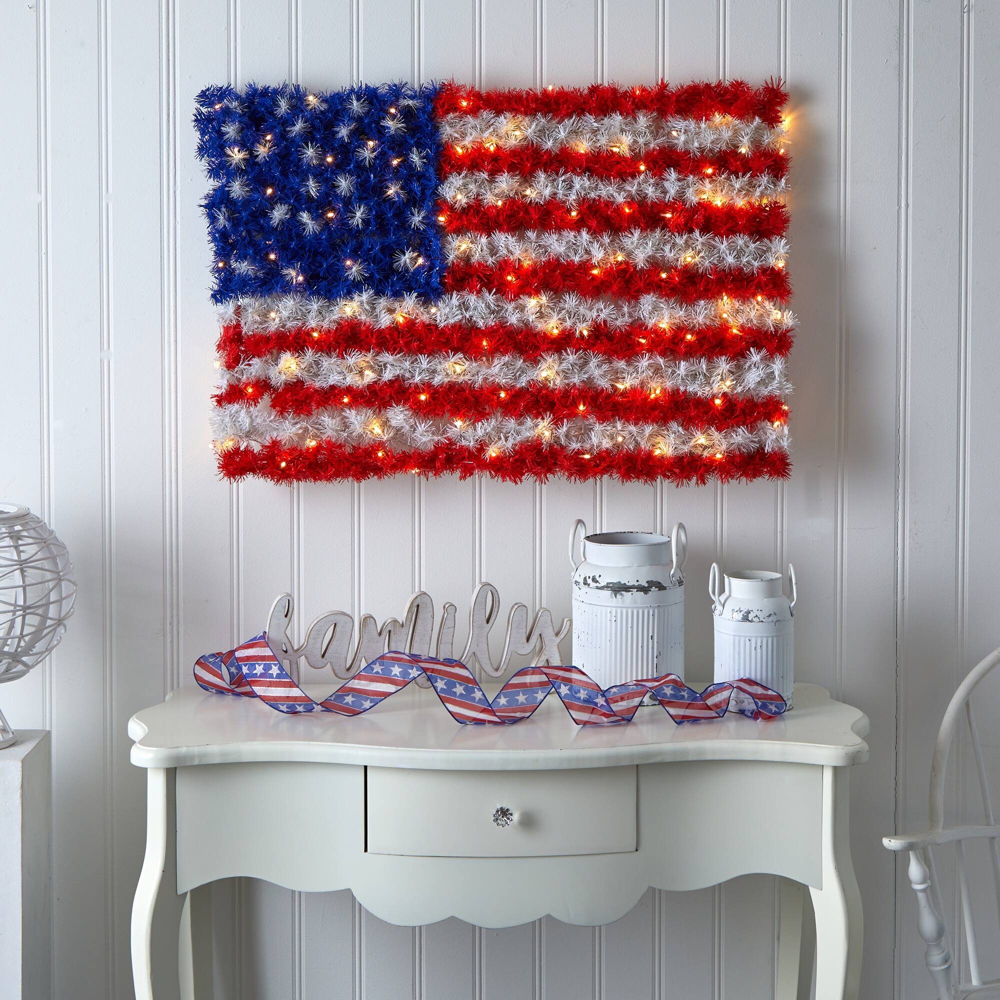 3ft. Pre-Lit Red, White &#x26; Blue American Flag Wall Panel, Warm LED Lights