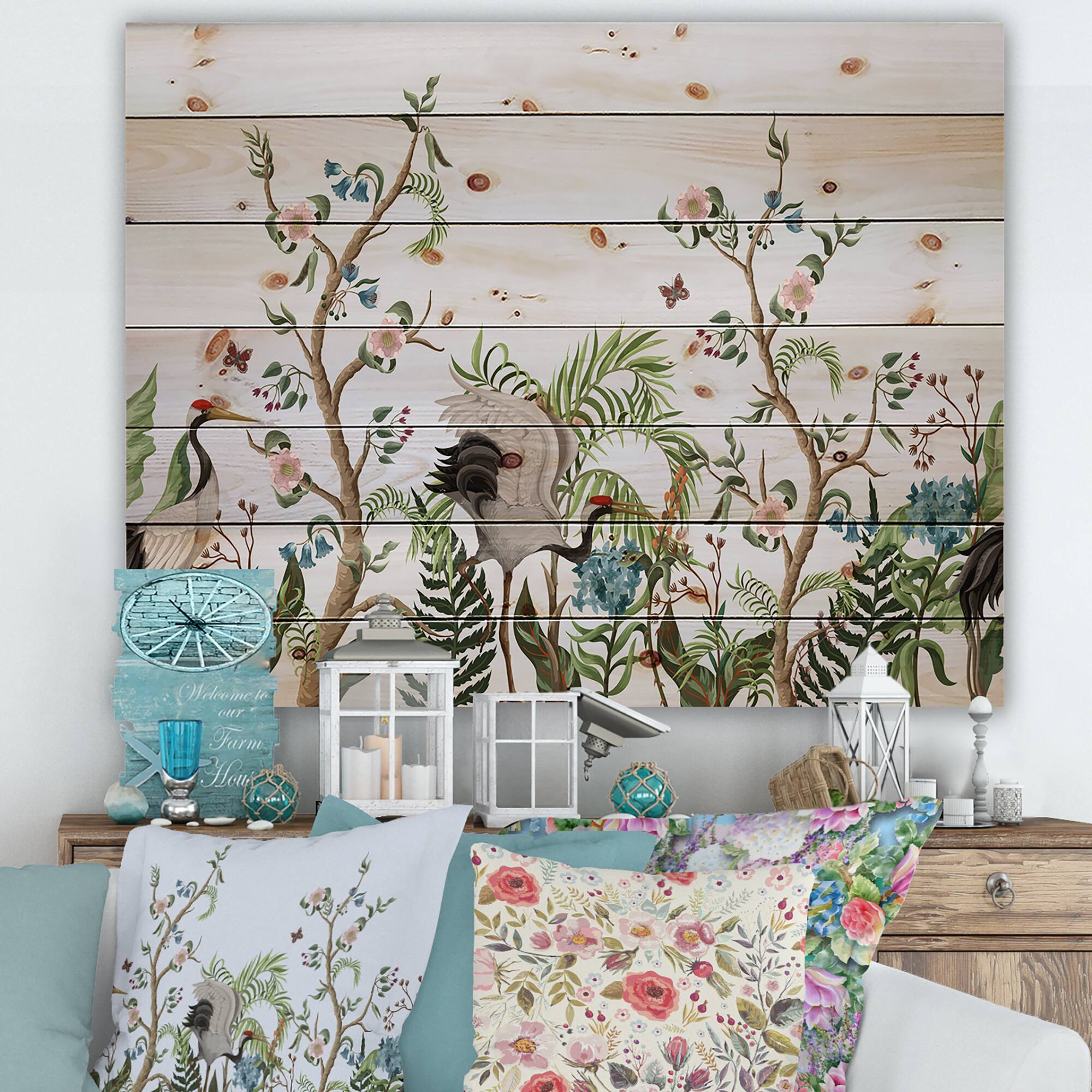 Designart - Border With Cranes &#x26; Peonies In Chinoiserie Style - Traditional Print on Natural Pine Wood