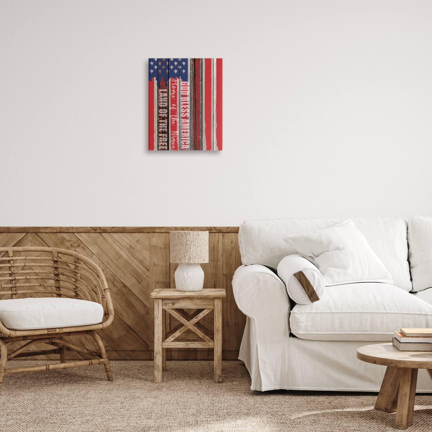 Stupell Industries God Bless America Wood Grain Flag Red White Blue Americana Canvas Wall Art