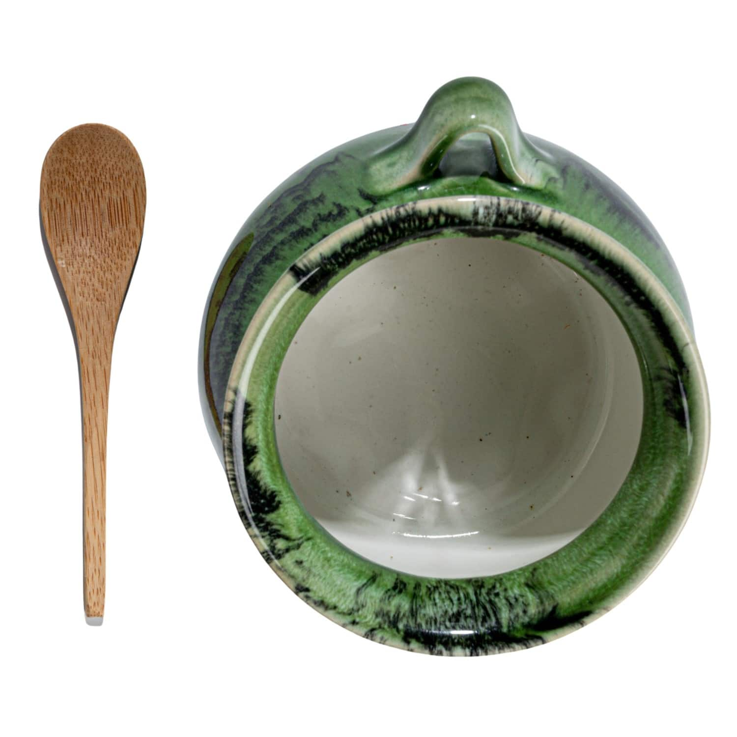 4&#x22; Green Stoneware Salt Dish with Acacia Wood Spoon