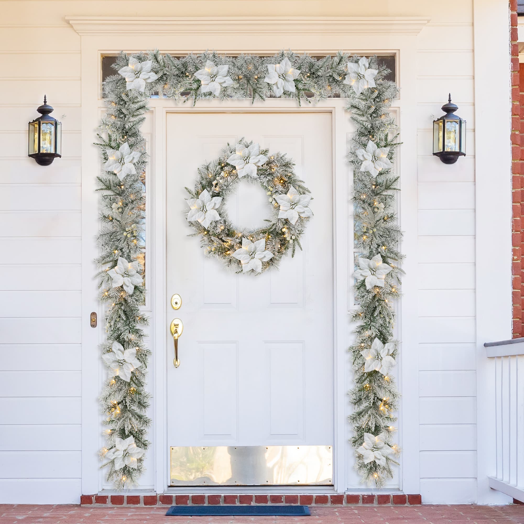 Glitzhome&#xAE; 24&#x22; Pre-Lit Snow Flocked Greenery Pine Poinsettia Christmas Wreath &#x26; Matched 2 Pack 9ft. Garland Set