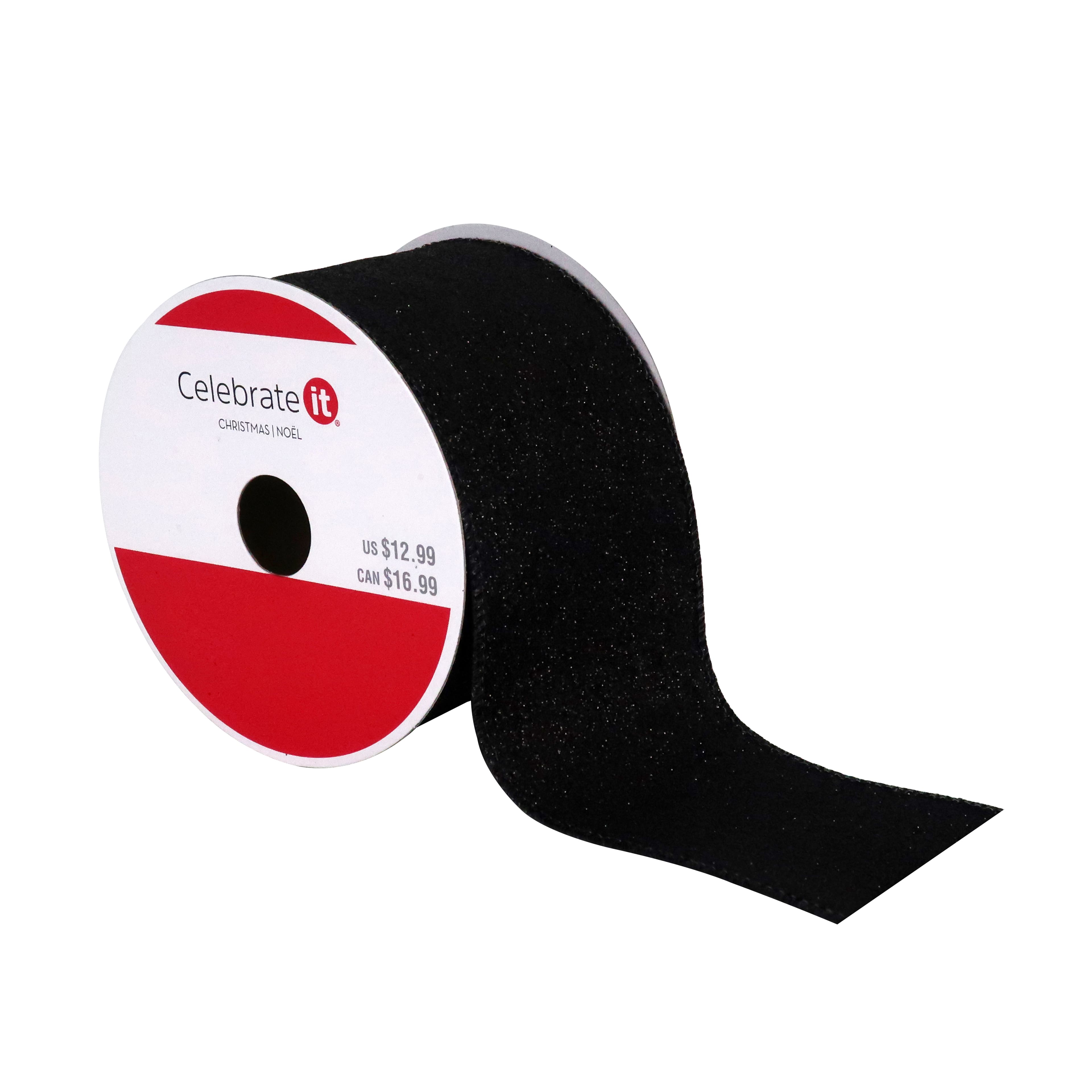 2.5&#x22; x 20ft. Black Glitter Wired Taffeta Ribbon by Celebrate It&#xAE; Christmas