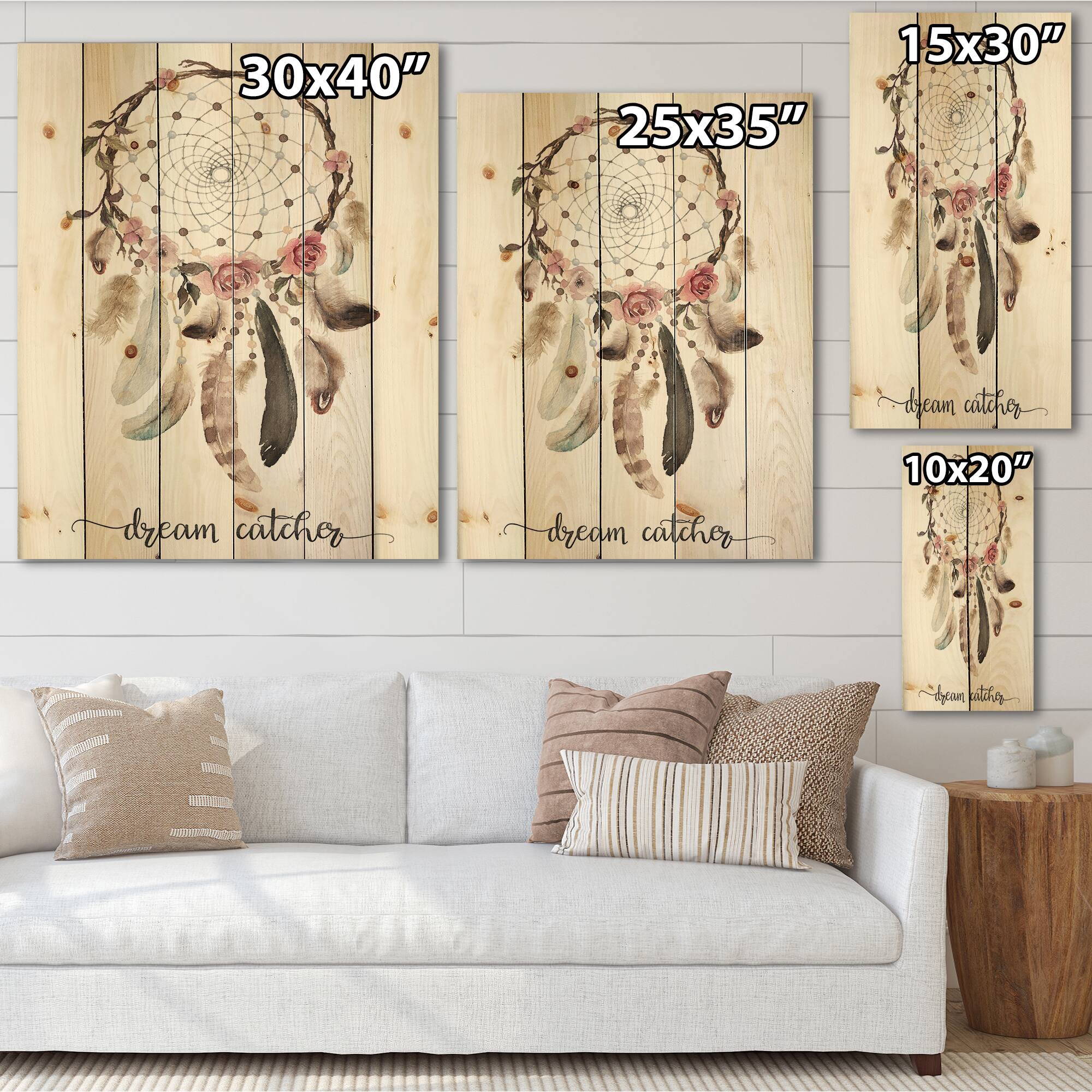 Designart - Dream Catcher With Ethnic Feathers - Bohemian &#x26; Eclectic Print on Natural Pine Wood