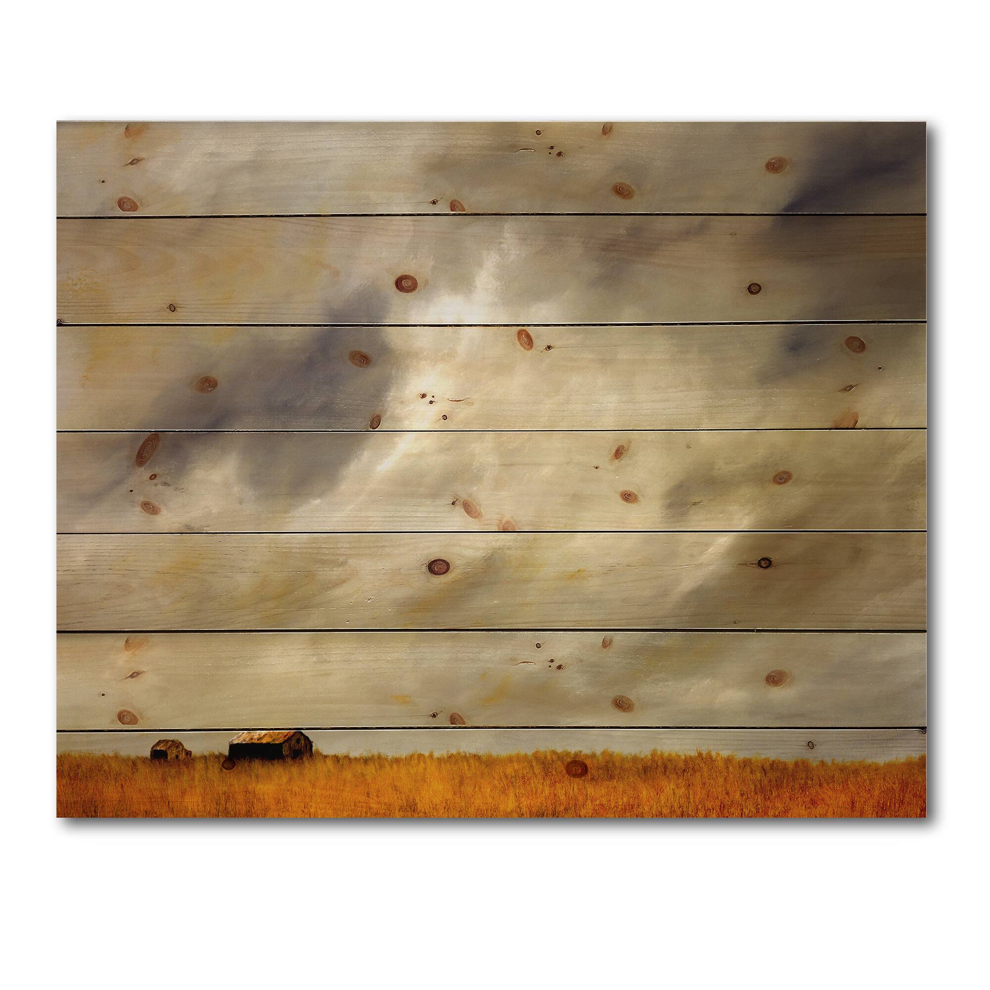 Designart - Desert Farmhouse Under Cloudy Sky in Washington I - Farmhouse Print on Natural Pine Wood