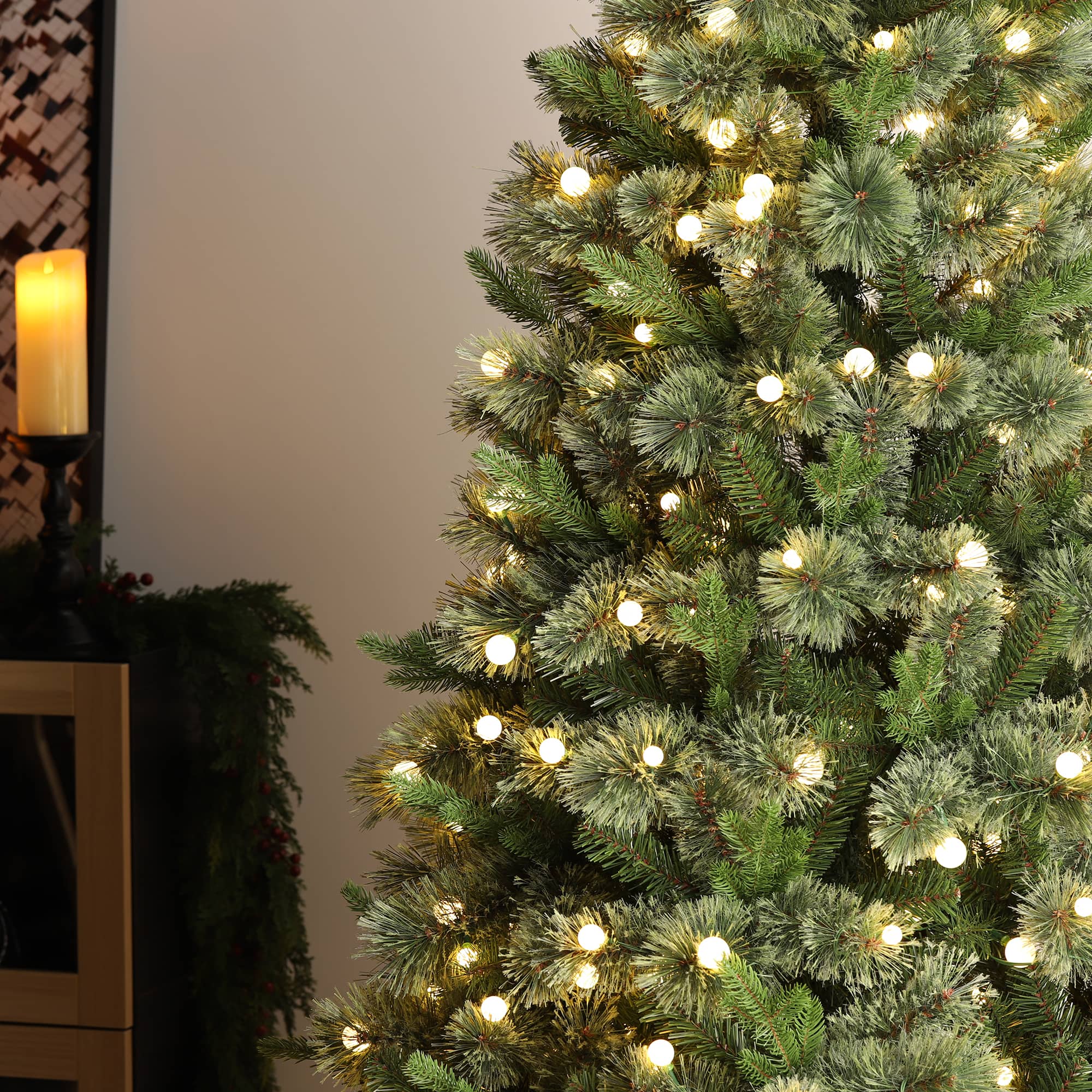 Glitzhome&#xAE; 9ft Pre-Lit Green Cashmere Slim Pine Artificial Christmas Tree, Multicolor LED Lights