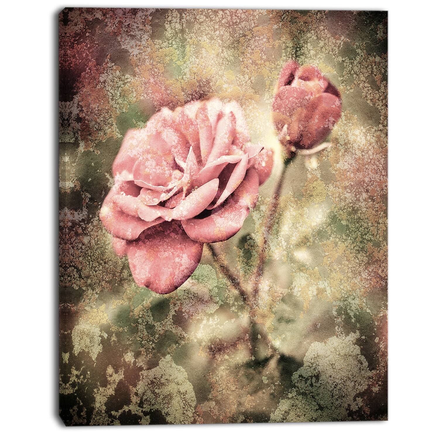 Designart - Vintage Pink Roses with Water Drops - Floral Art Canvas Print