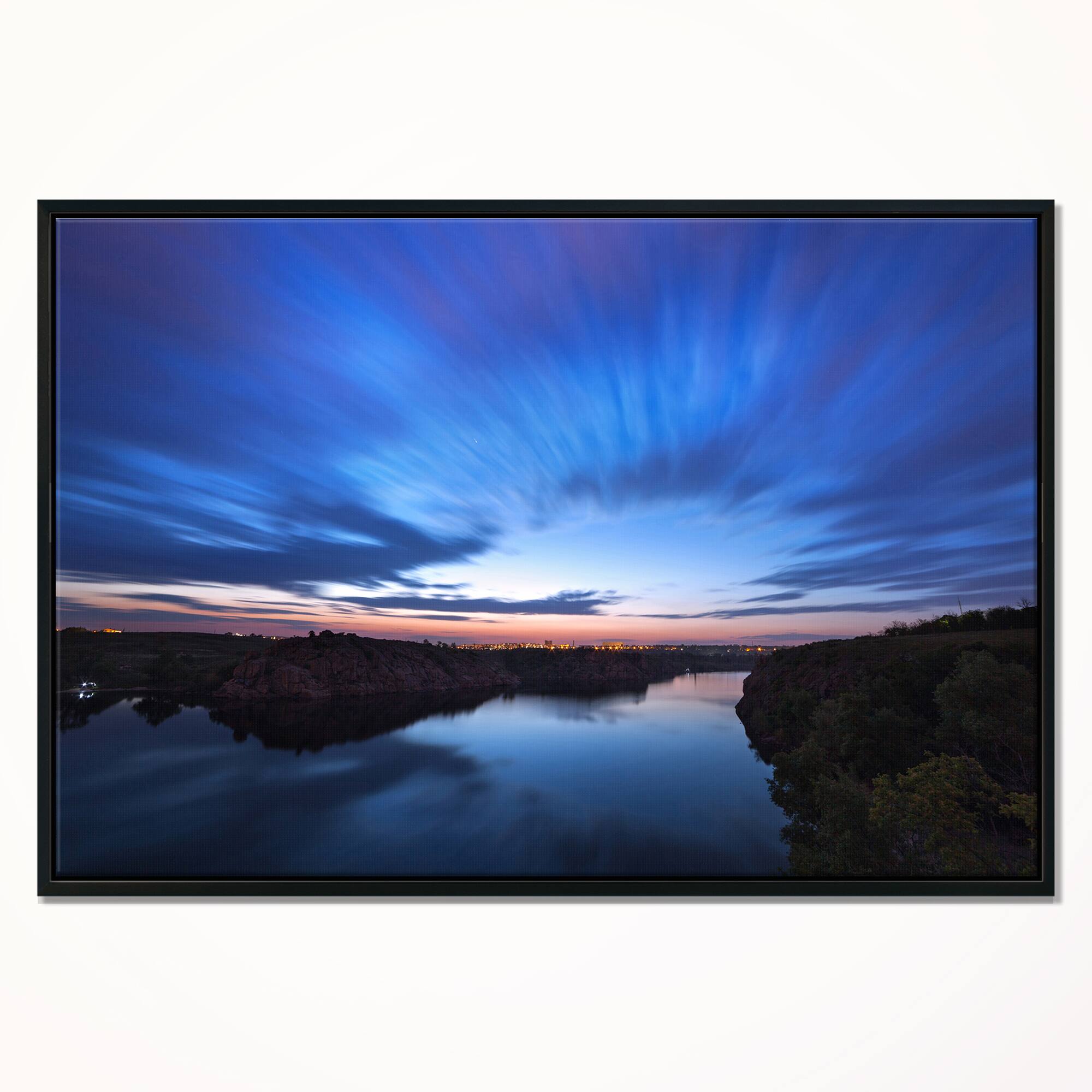 Designart - Blue Night Sky with River - Landscape Photo Canvas Art Print in Black Frame