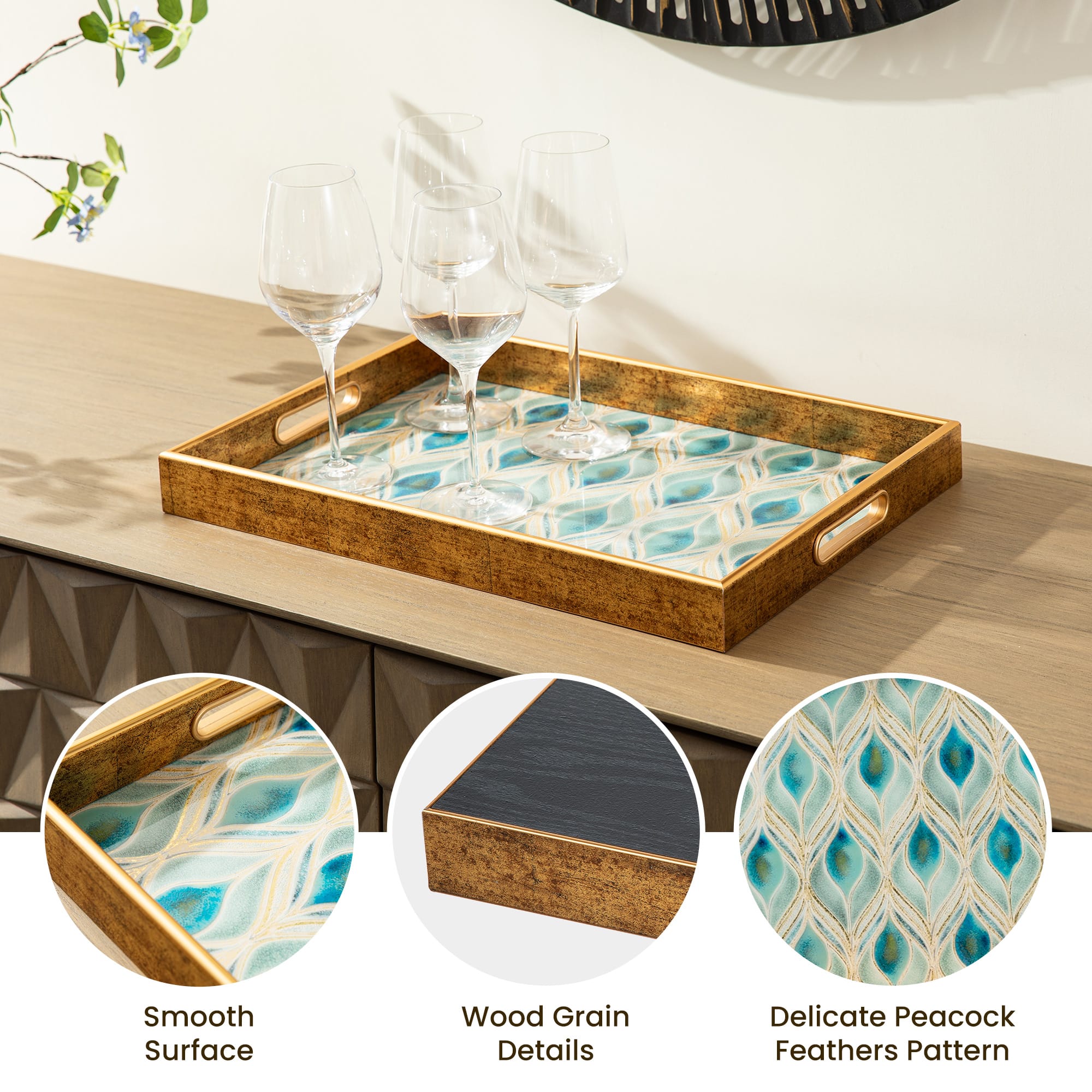 Glitzhome&#xAE; Rectangle Peacock Feathers Patterned Decorative Trays Set