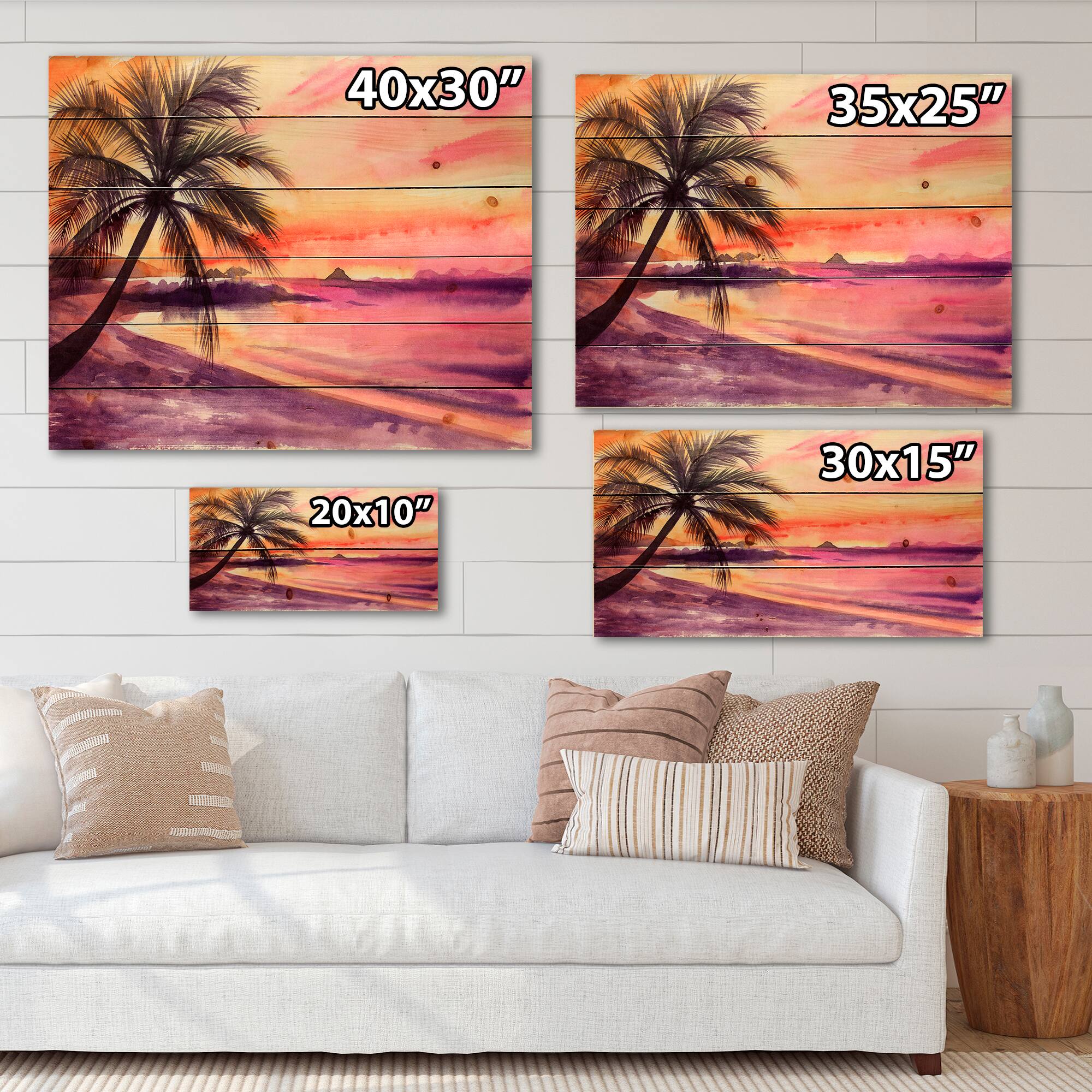 Designart - Pink and Purple Palm Beach Sunset - Nautical &#x26; Coastal Print on Natural Pine Wood