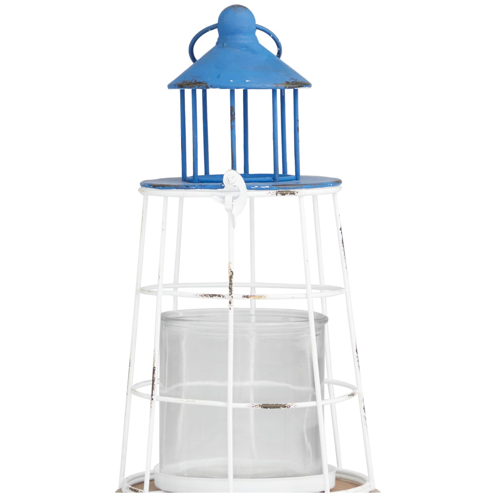 12&#x22; Blue Metal Distressed Decorative Light House Candle Lantern