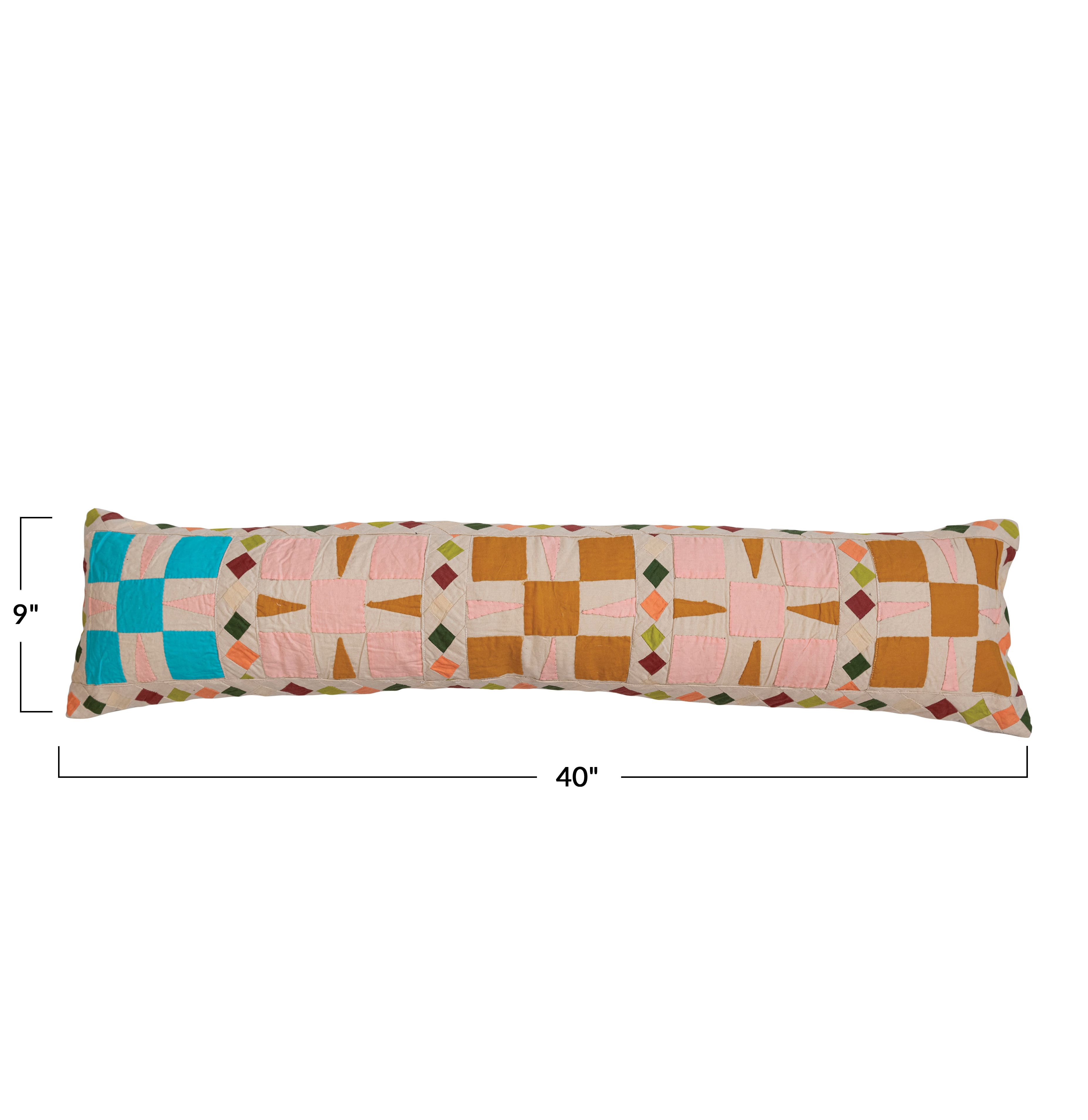 Multicolor Patchwork Embroidered Cotton Lumbar Pillow