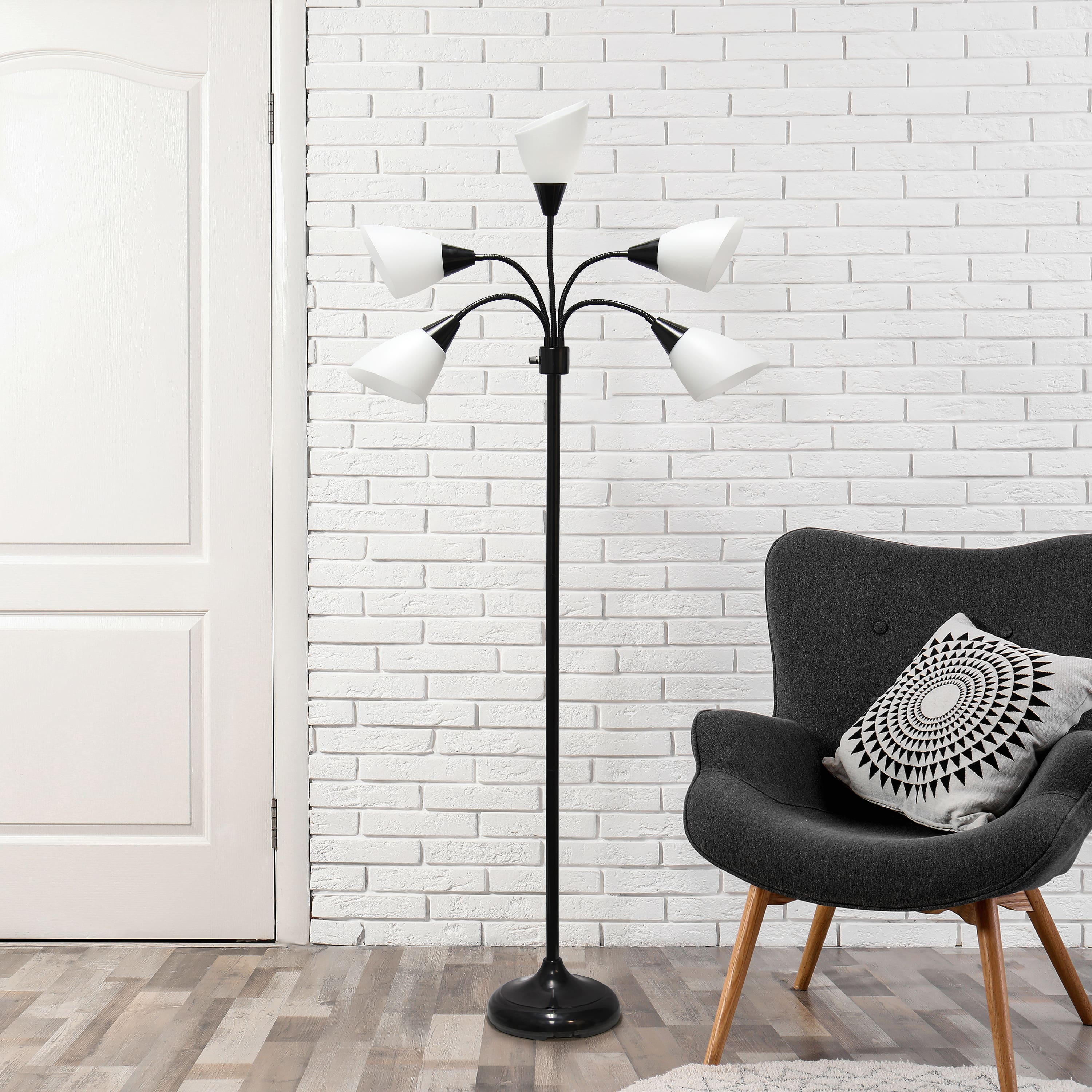 Simple Designs&#x2122; 5.5ft. 5-Light Gooseneck Black Floor Lamp with White Shades