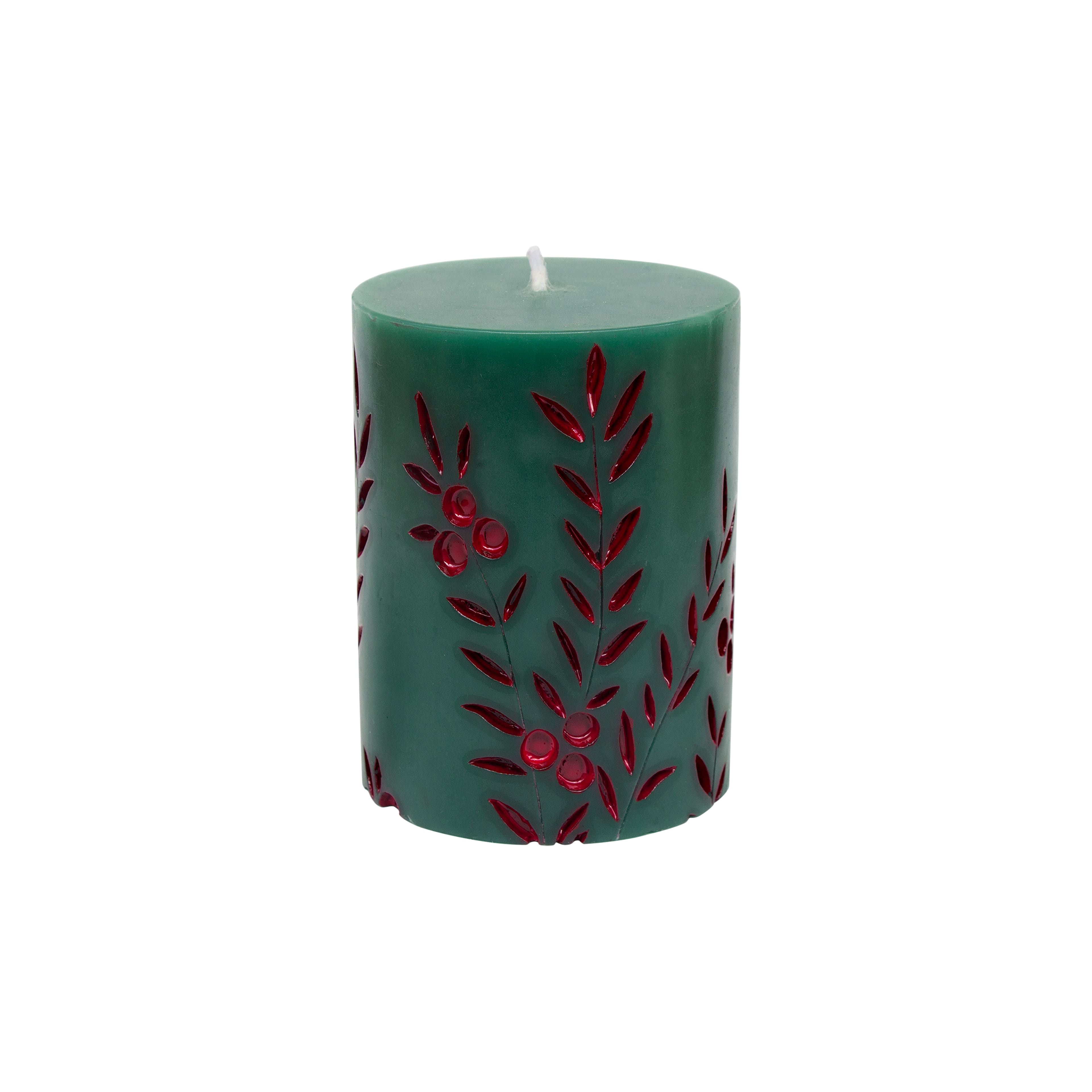 4&#x22; Green &#x26; Red Carved Unscented Pillar Candle by Ashland&#xAE;