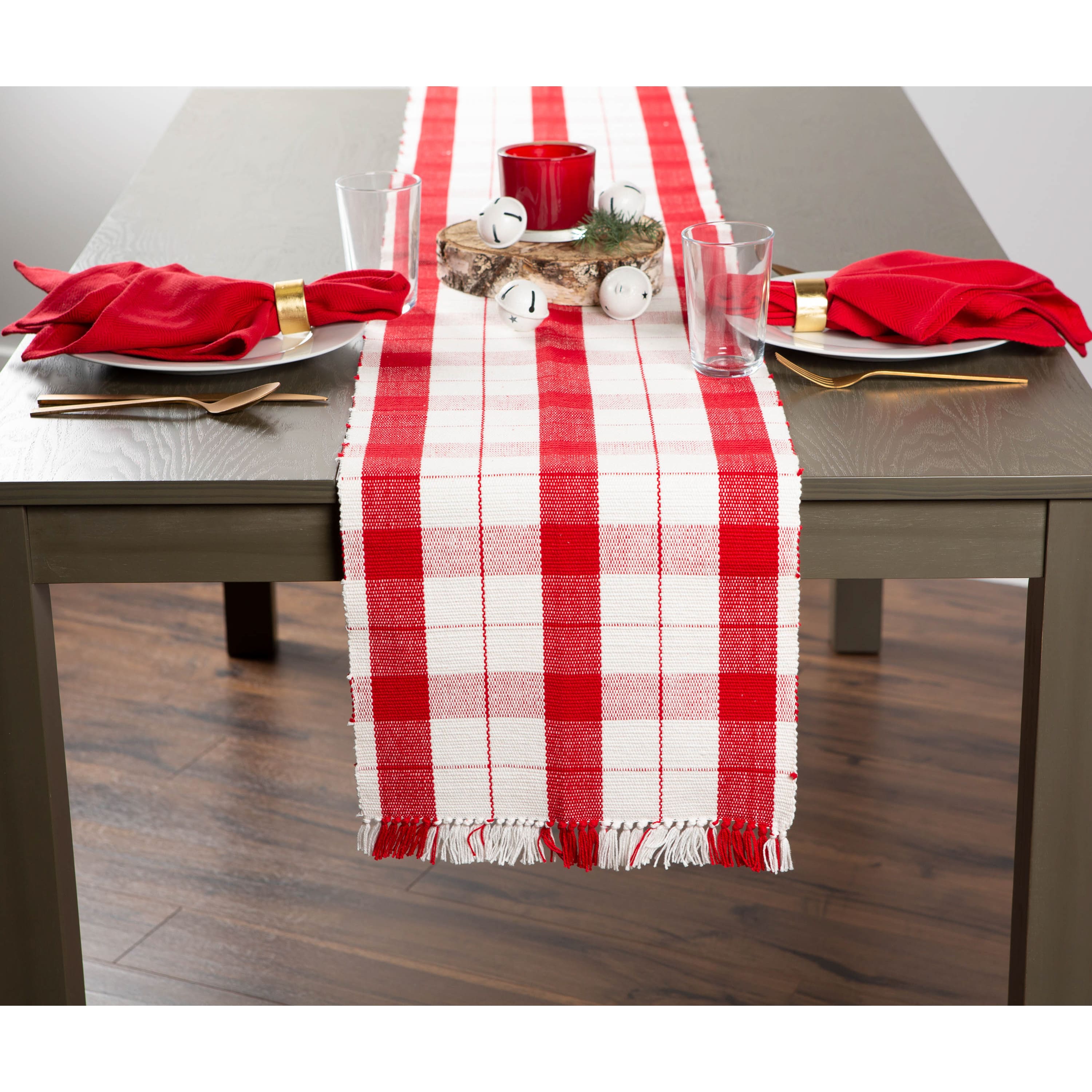 DII&#xAE; 72&#x22; Red Tinsel Plaid Fringed Table Runner