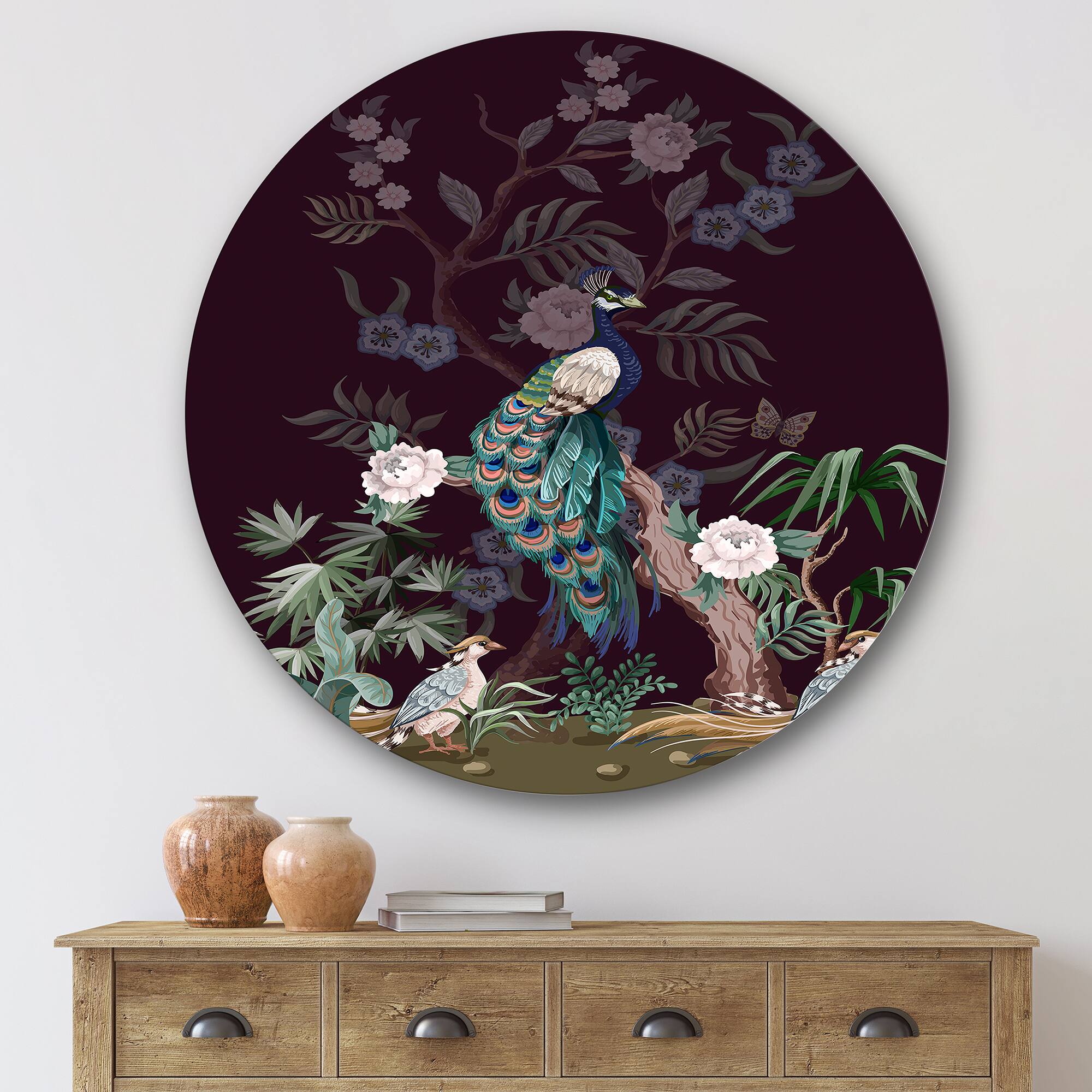 Designart - Chinoiserie With Birds and Peonies V - Traditional Metal Circle Wall Art