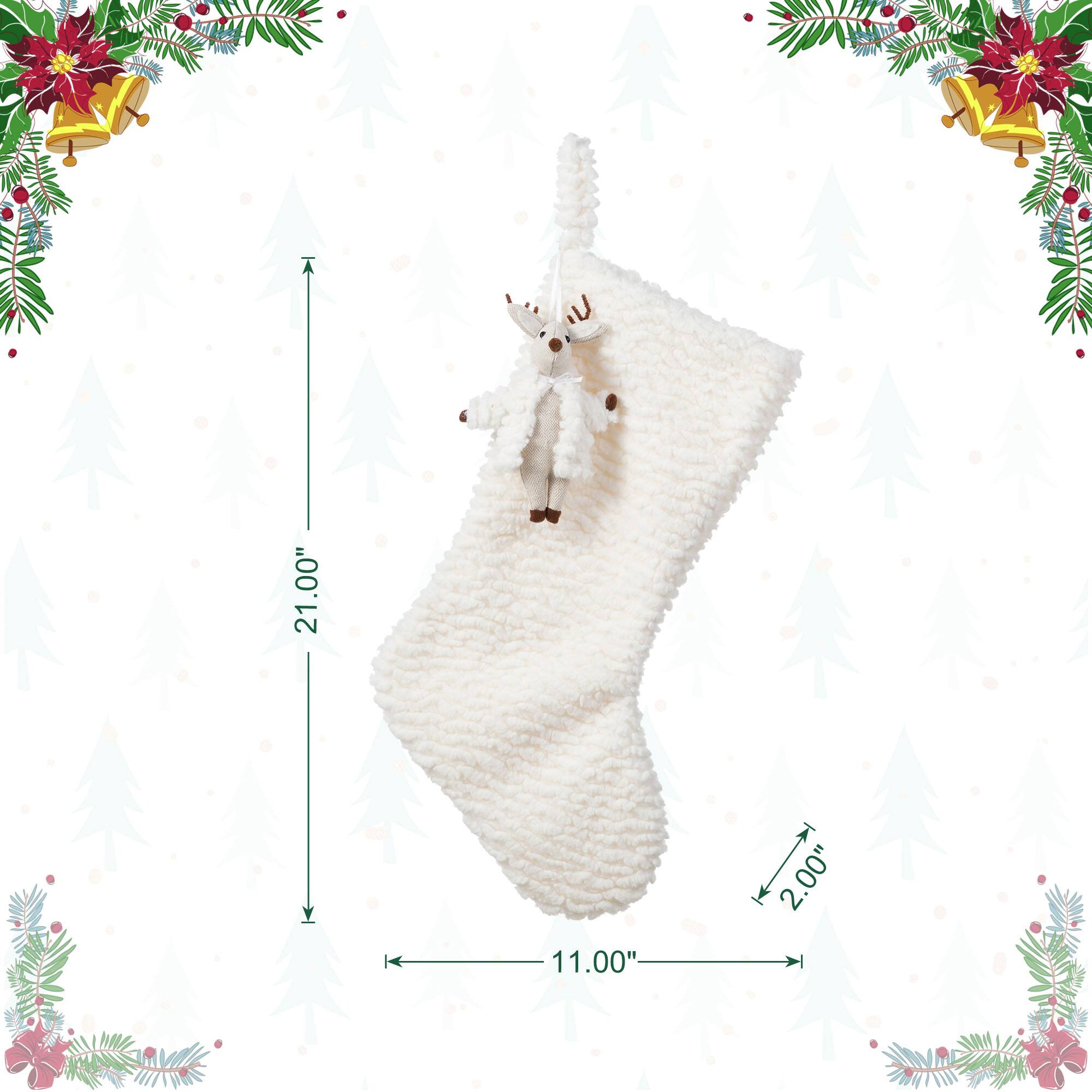Glitzhome® 21"L White Plush Christmas Stocking with Reindeer Ornament