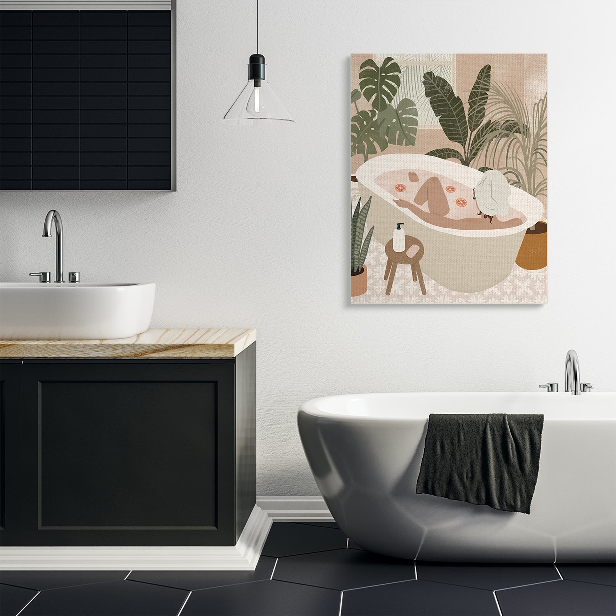 Stupell Industries Female Fruit Bath Tropical Palm Plants Canvas Wall Art