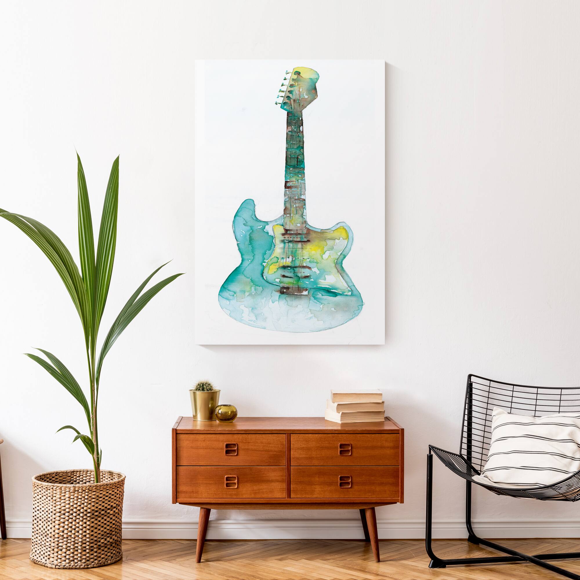 Blue And Yellow Guitar 24" x 36" Canvas Wall Art
