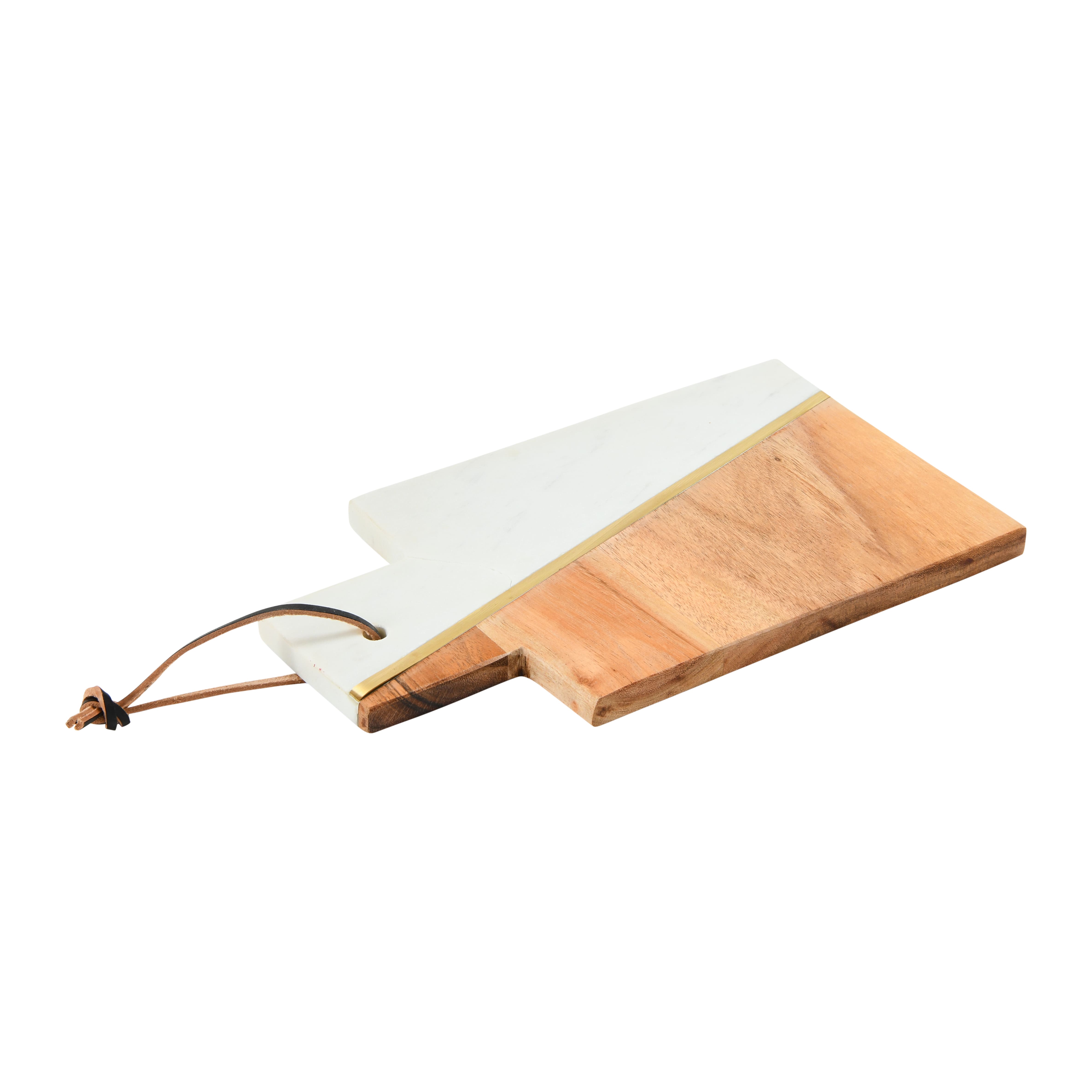 12&#x22; White and Natural Boho 2-Tone Marble and Acacia Wood Charcuterie or Cutting Board with Brass Inlay and Leather Tie
