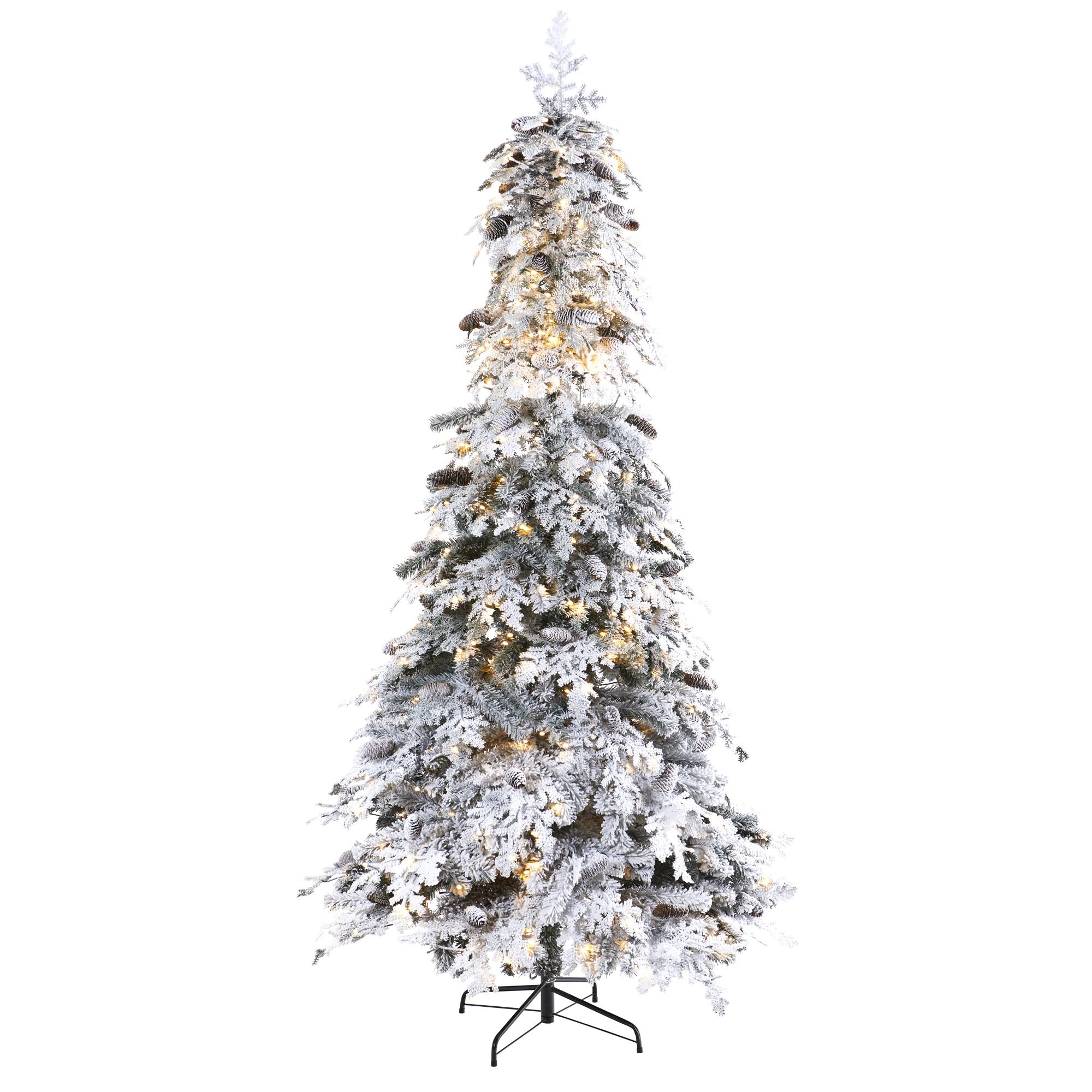 8ft. Pre-Lit Flocked Montana Down Swept Spruce & Pinecones Artificial Christmas Tree with Clear LED Lights