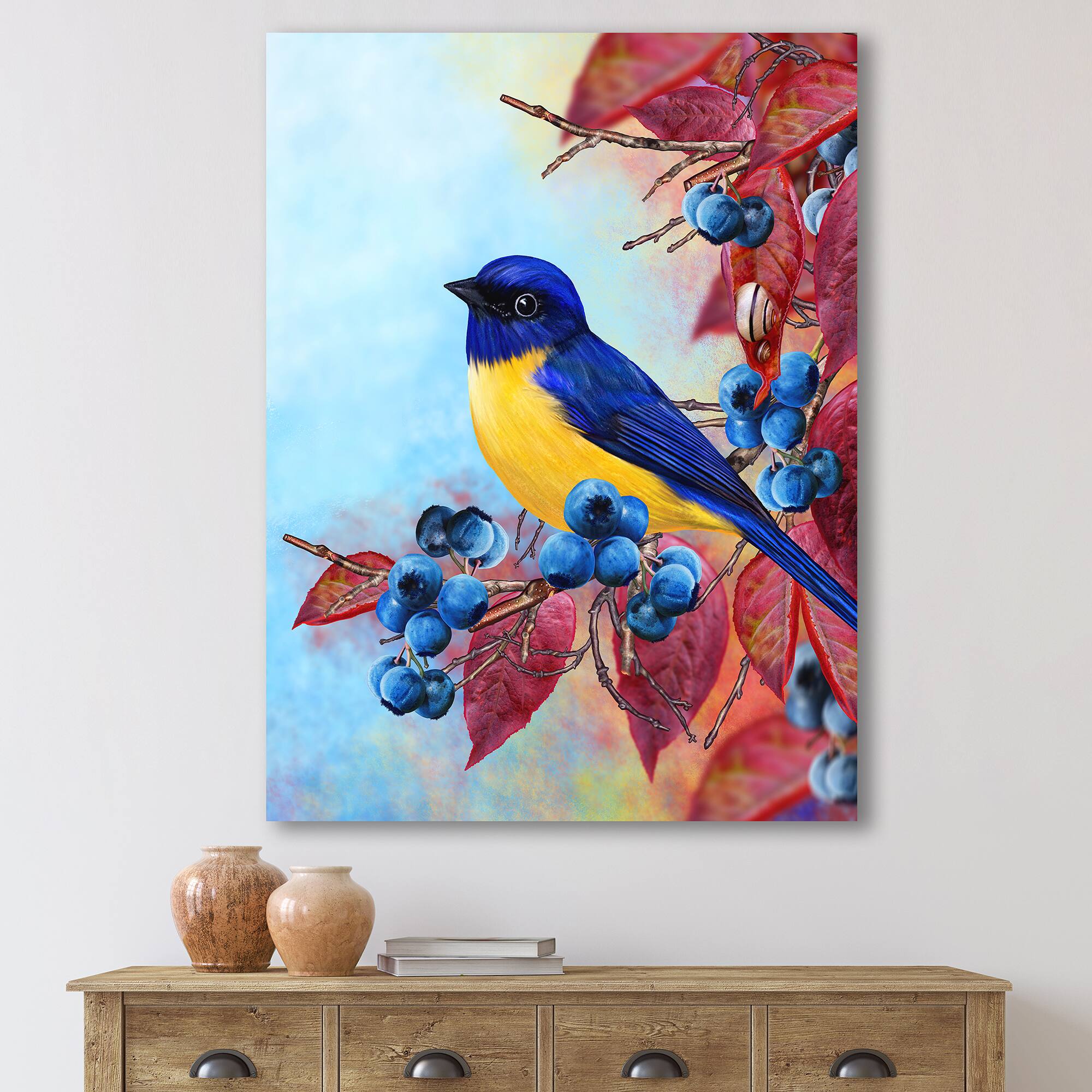 Designart - Bright Bird Bullfinch Sitting On A Branch I - Traditional Canvas Wall Art Print