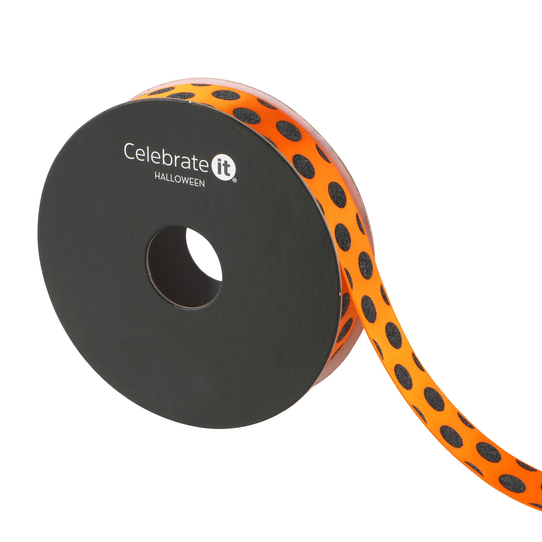 5/8&#x22; x 4yd. Black Glitter Dots on Orange Ribbon by Celebrate It&#xAE; Halloween