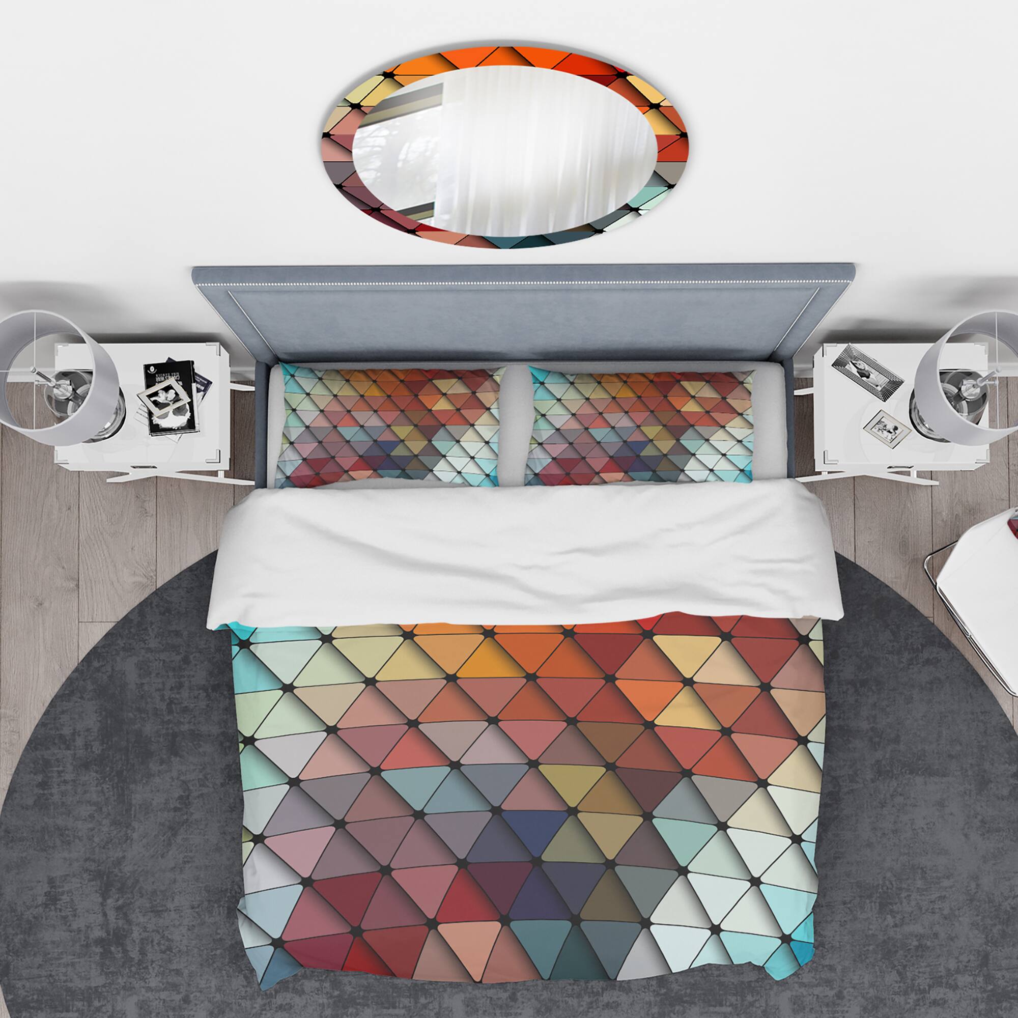 Designart &#x27;3D Diamond Shaped Geometry in Shades of Blue and Red&#x27; Modern &#x26; Contemporary Bedding Set - Duvet Cover &#x26; Shams