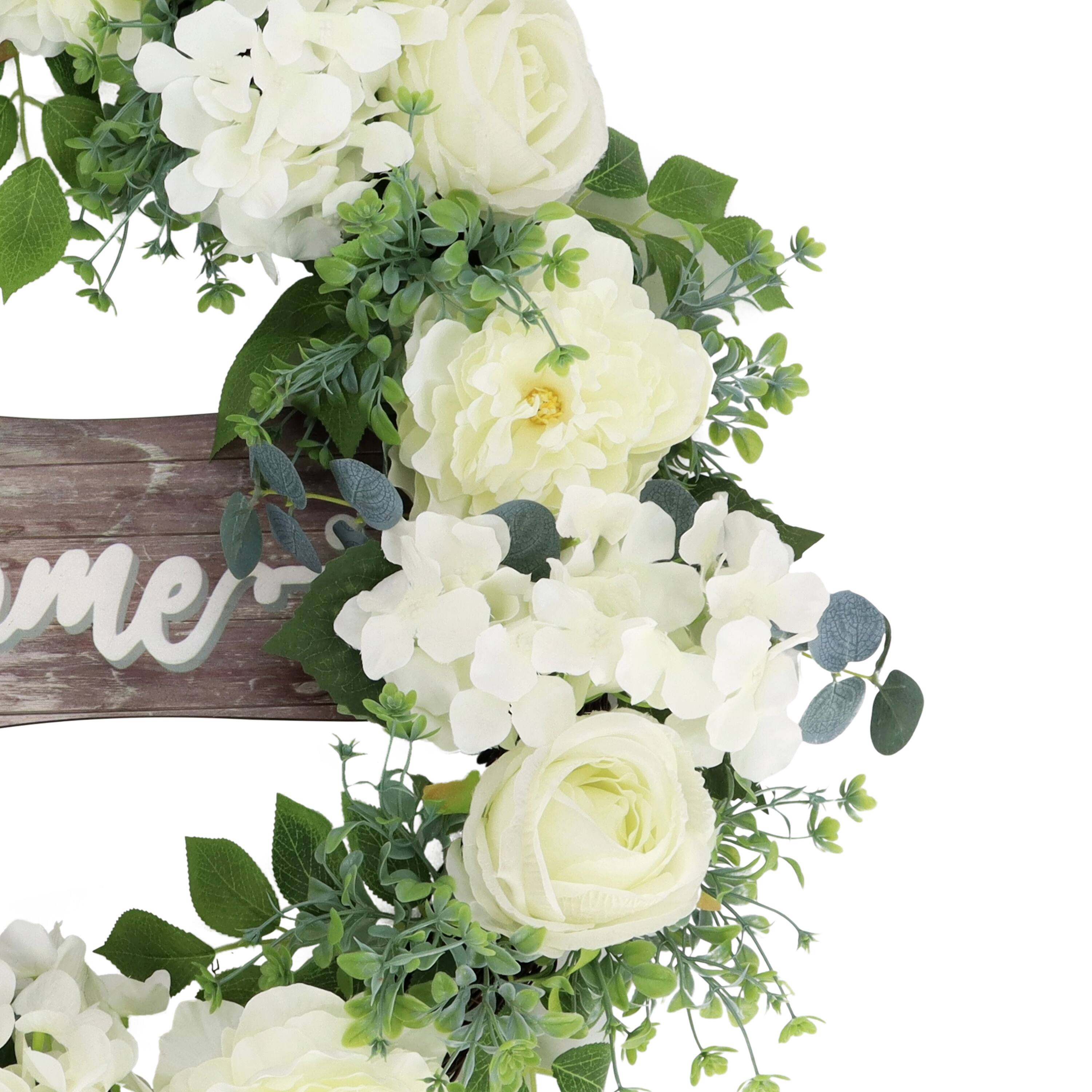 26" Artificial Peony, Hydrangea & Rose Floral Spring Wreath with Wood Welcome Sign
