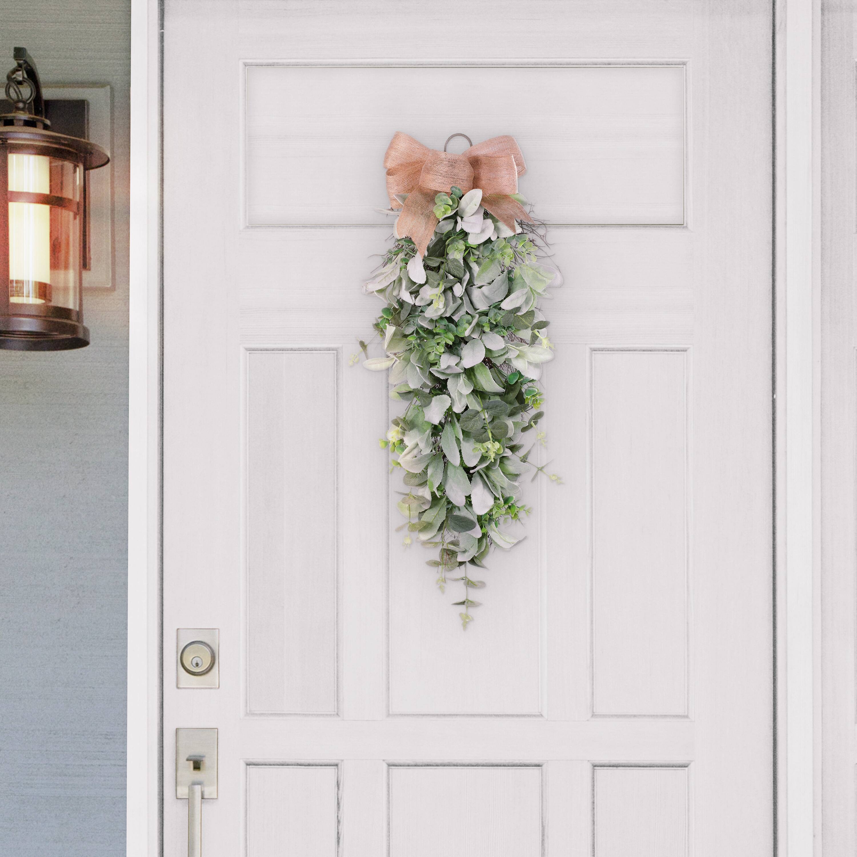30" Lamb's Ear & Greenery Teardrop Swag with Bow