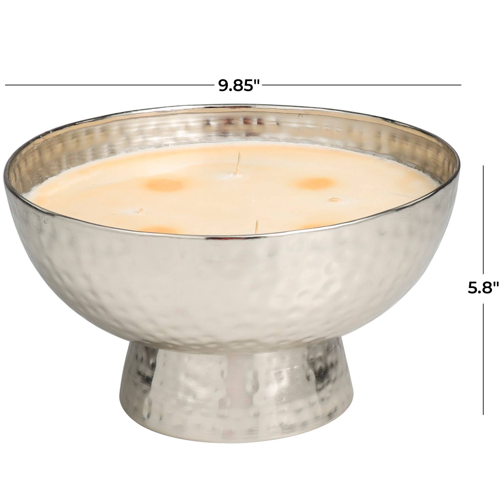 White Wax Jasmine Scented Candle with Elevated Wide Hammered Silver Container