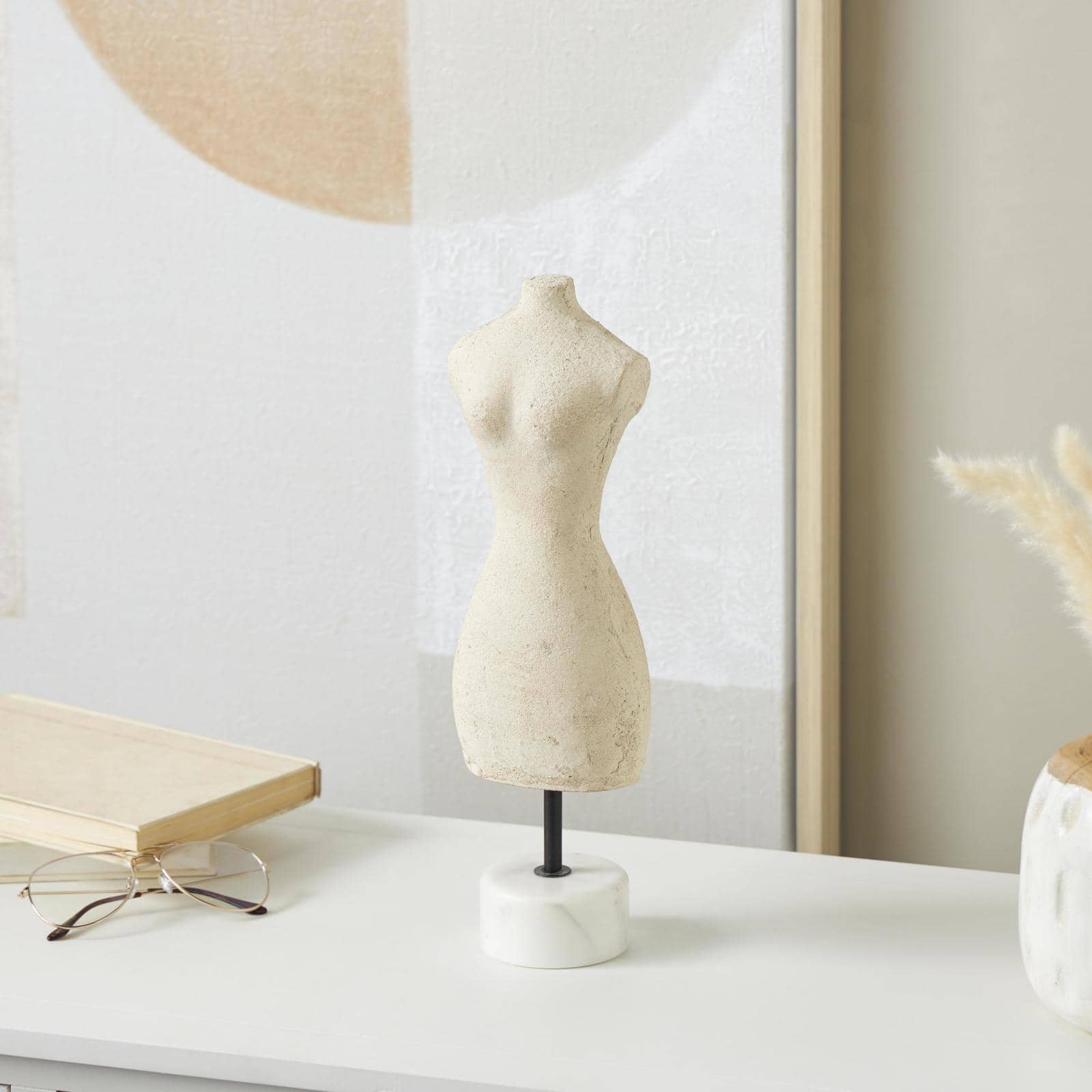 14.25&#x22; Cream Antique Style Paper Mache Female Dress Form Sculpture with White Marble Base