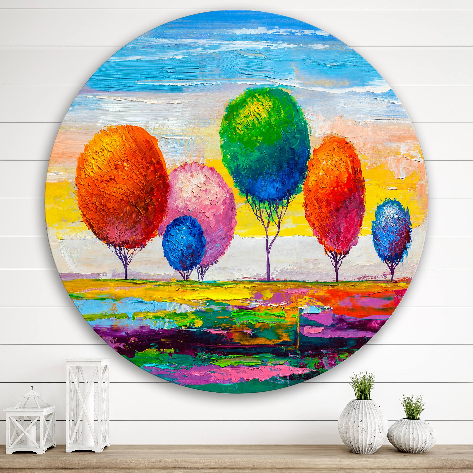 Designart - Colourful Ornamental Trees VI - Modern Metal Circle Wall Art