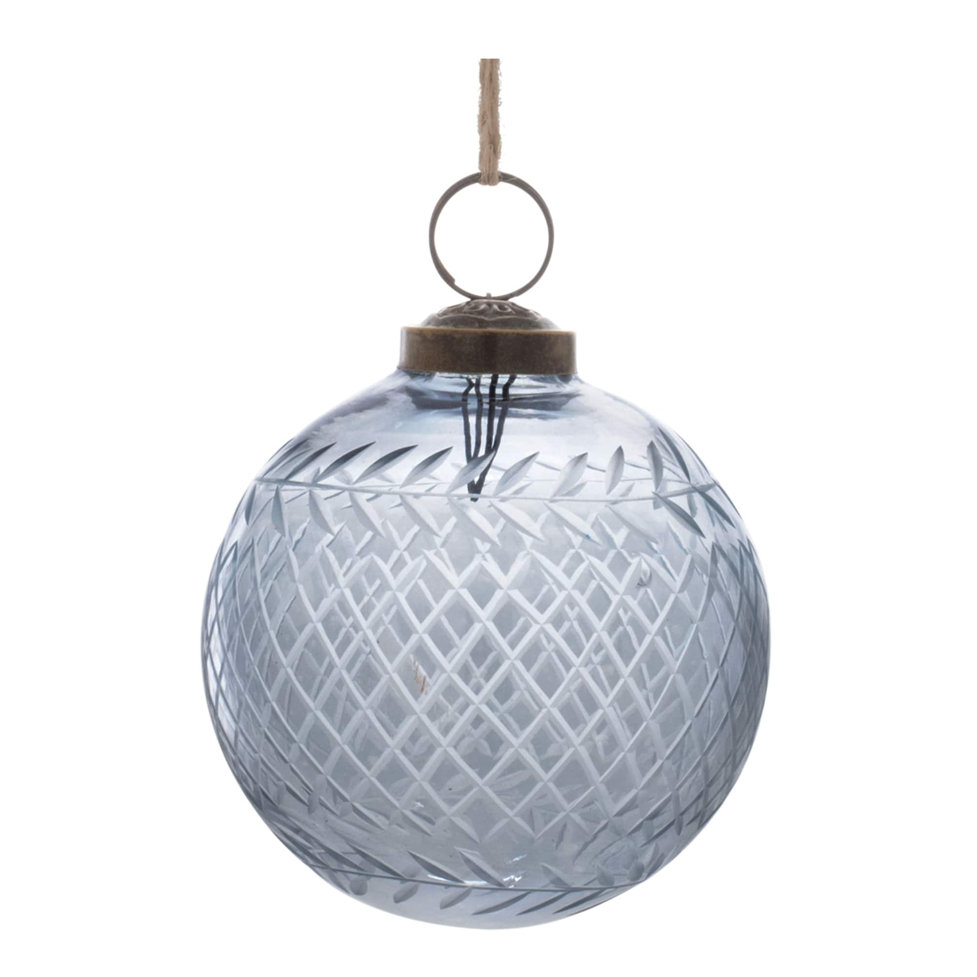 Blue Harlequin Etched Glass Ball Ornament Set