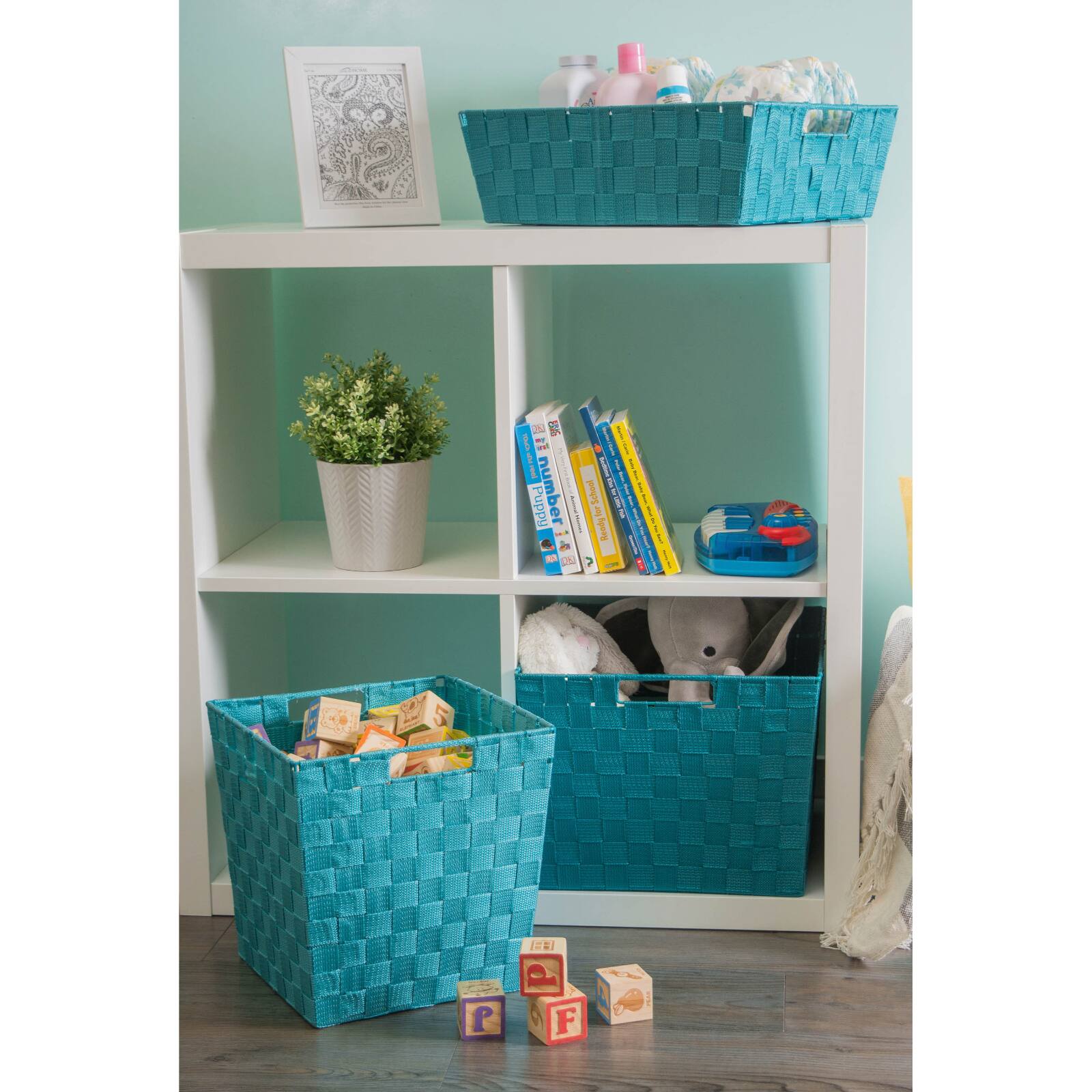 Teal Nylon Trapezoid Basket Weave Bin Set