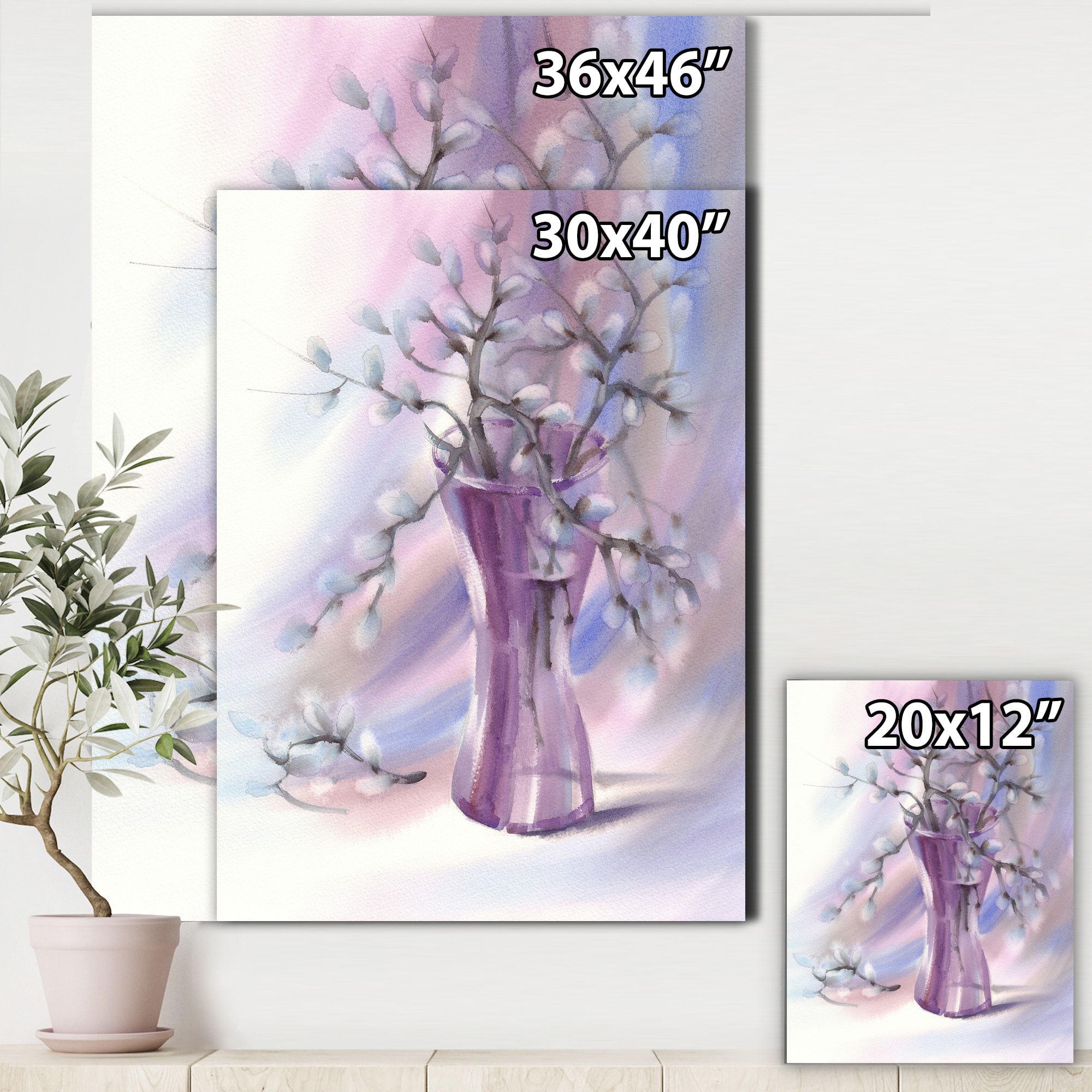 Designart - Pussy Willow Branches In Violet Glass Vase - Farmhouse Canvas Wall Art Print