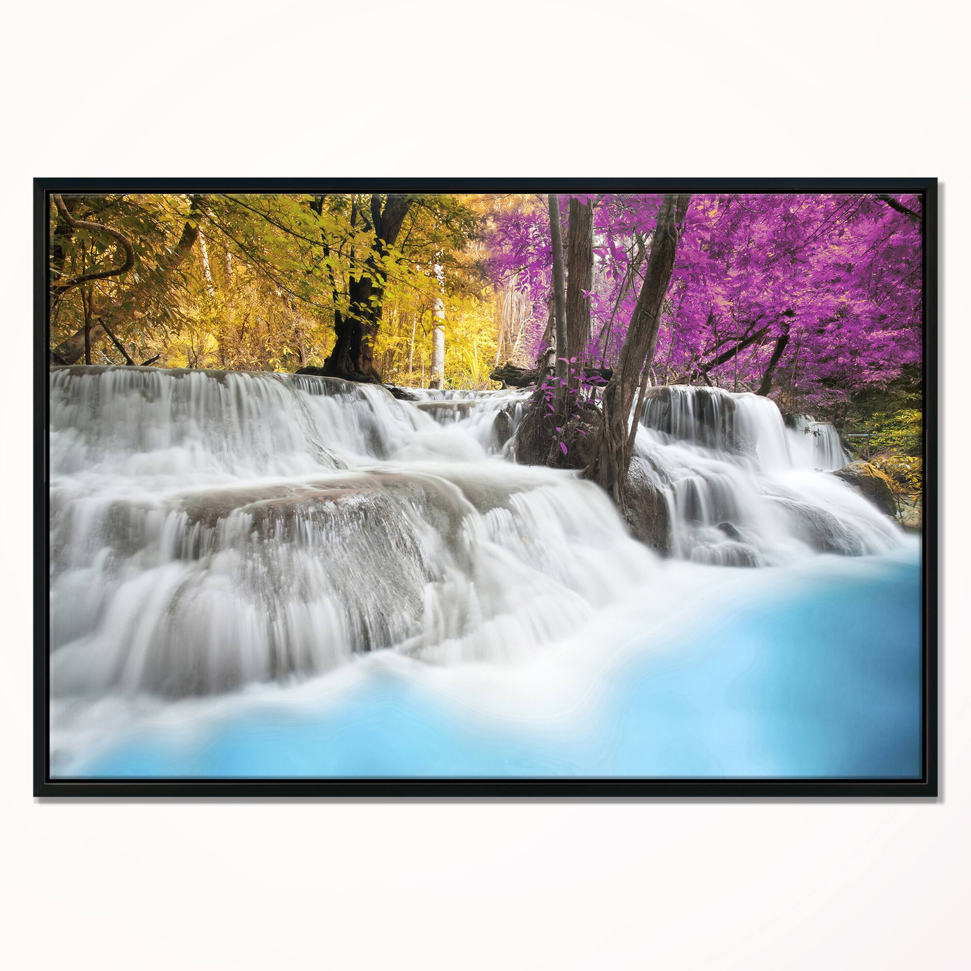 Designart - Erawan Waterfall - Landscape Photography Canvas Art Print in Black Frame