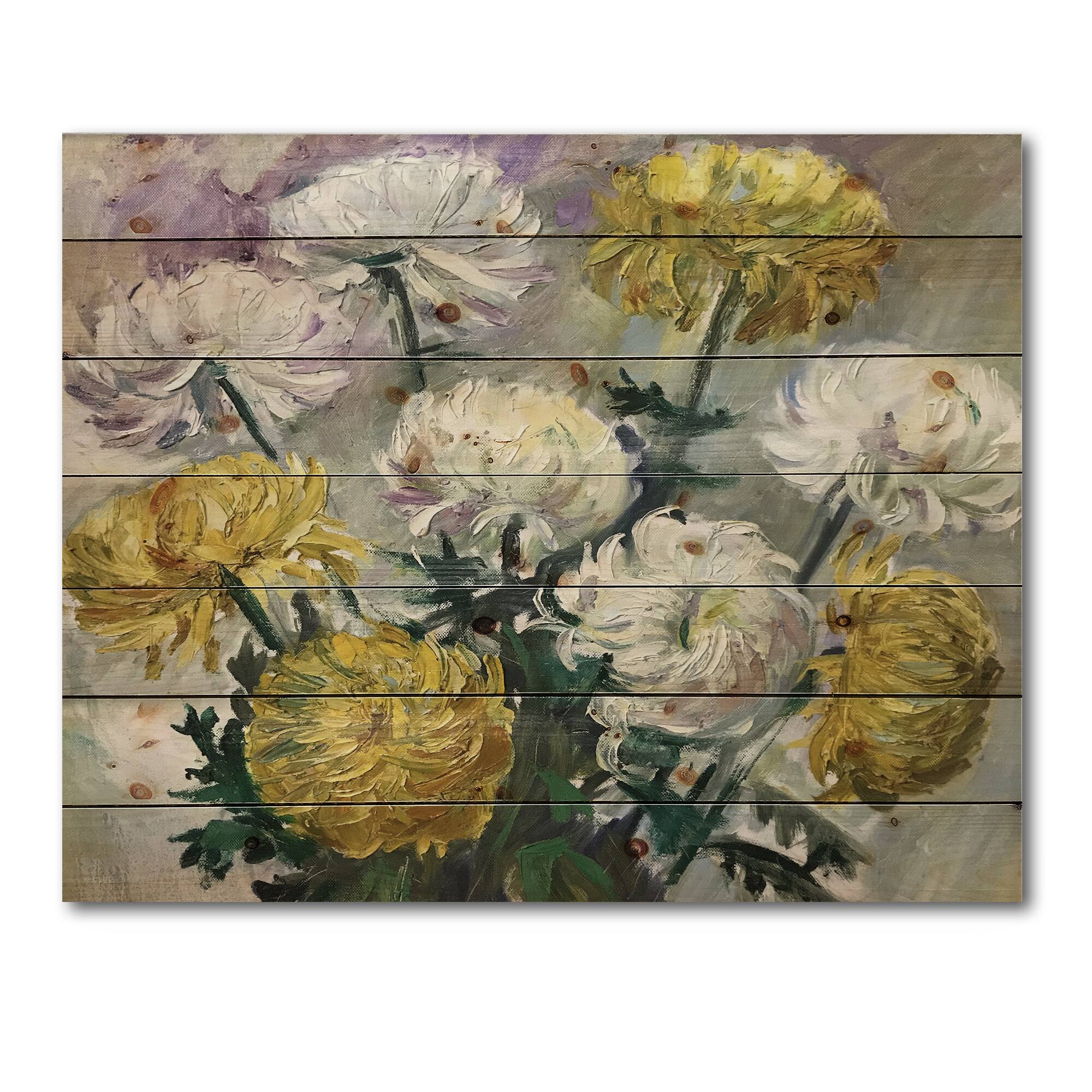 Designart - White and Golden Daisies - Traditional Print on Natural Pine Wood