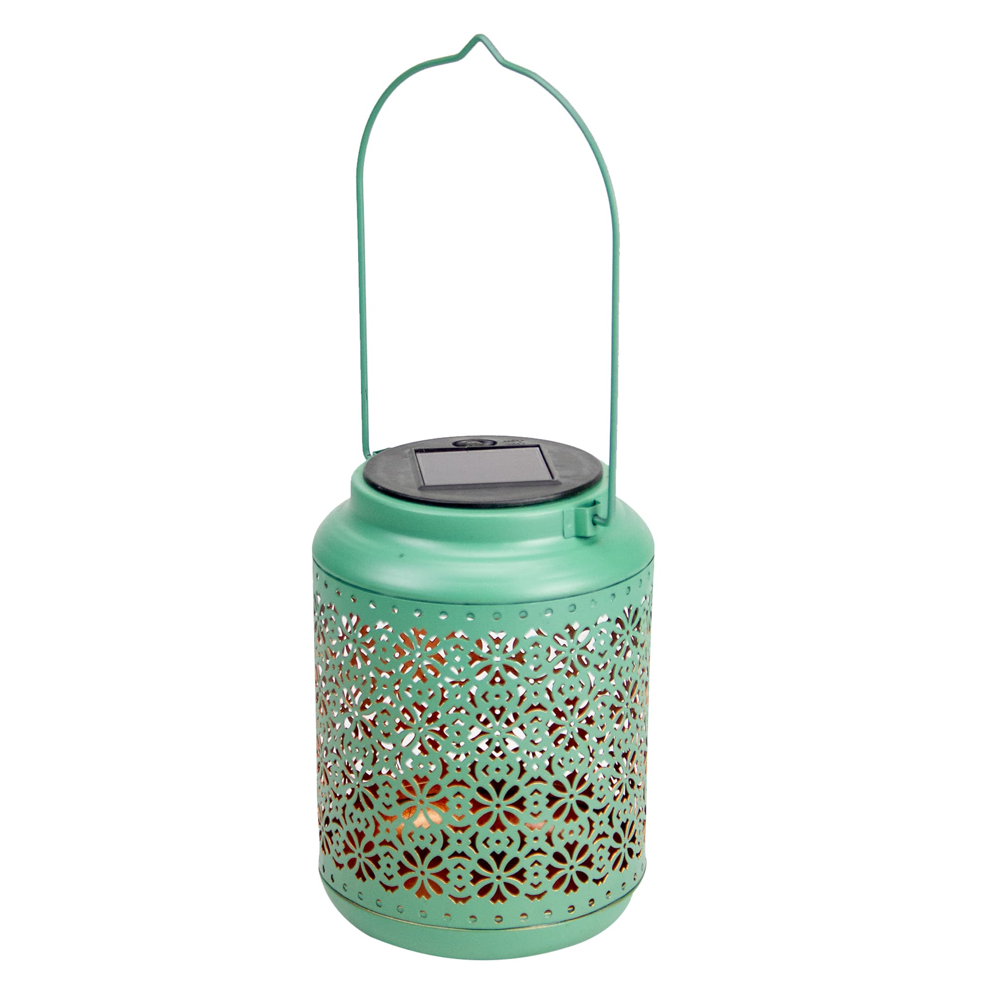 7&#x22; Green Integrated Floral Pattern Outdoor Solar Lantern with Handle