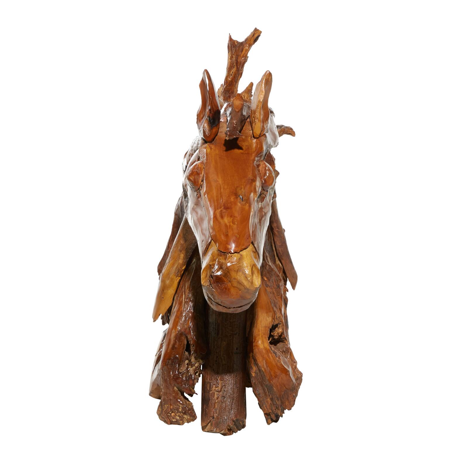 Brown Teak Wood Natural Horse Sculpture 33" x 31" x 13"
