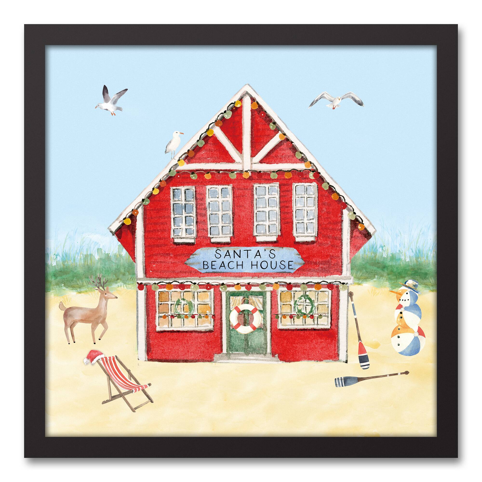 18" Santa's Beach House Christmas Black Framed Wall Canvas