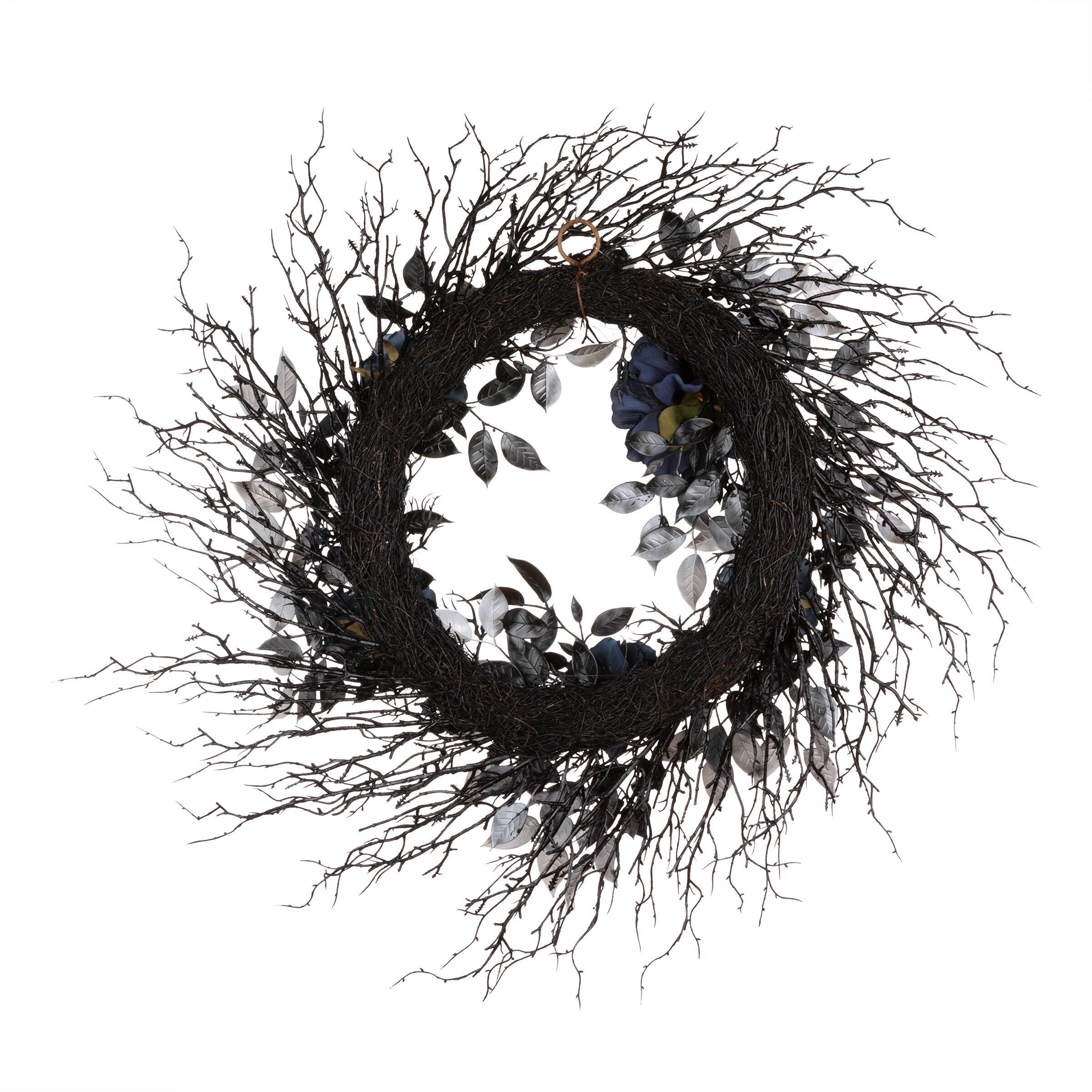 24" Halloween Moody Blue Rose & Twig Wreath