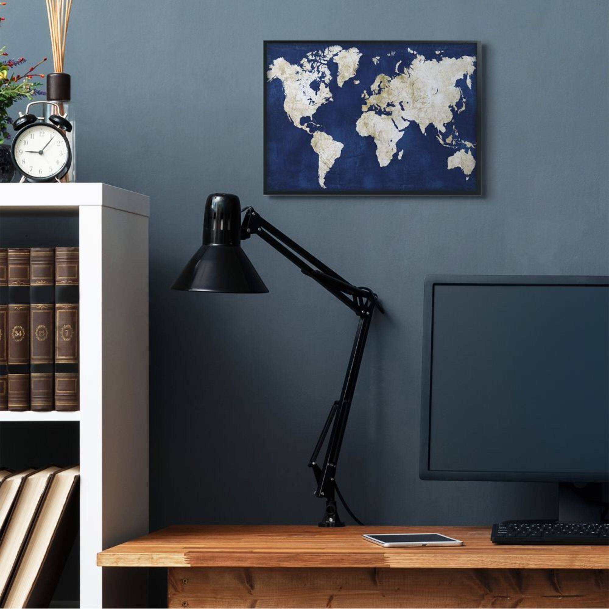 Stupell Industries Navy and Distressed Gold World Map Framed Wall Art