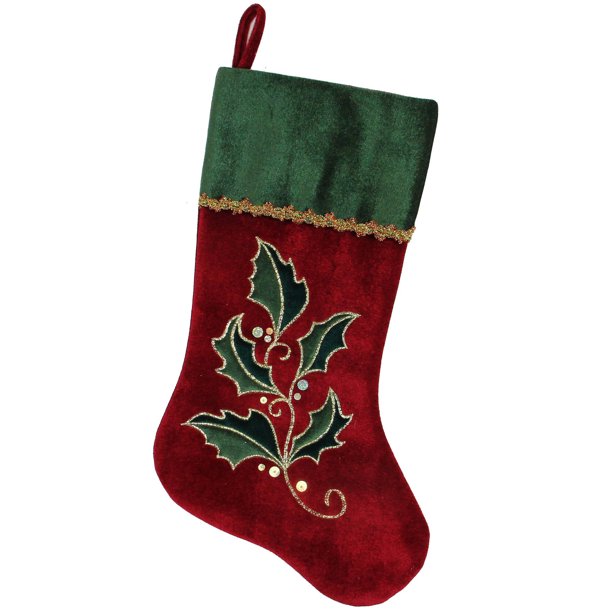 20.5&#x22; Holly Embroidered Velvet Stocking