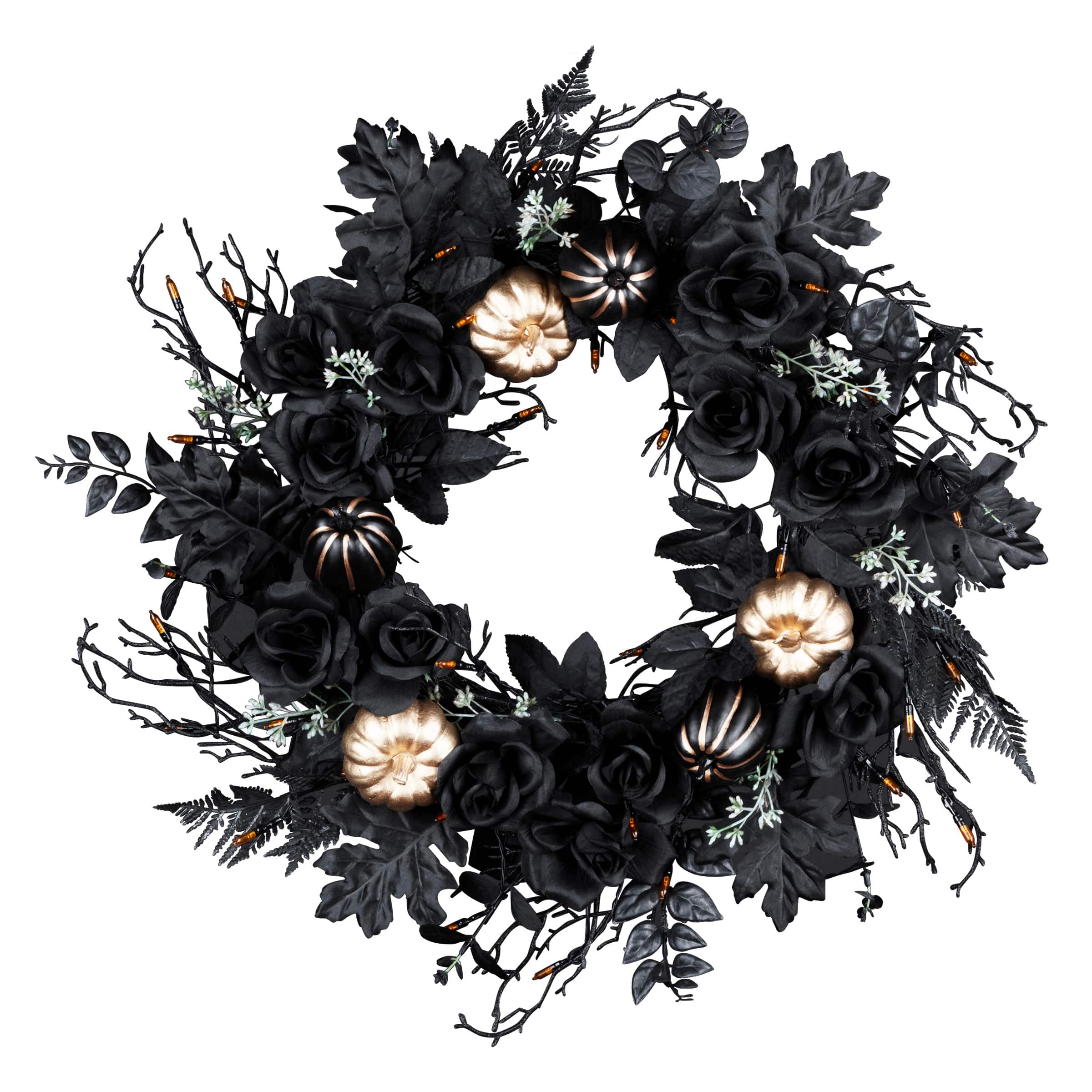 24" Chic Eek Black Flower & Pumpkin Halloween Pre-Lit LED Wreath